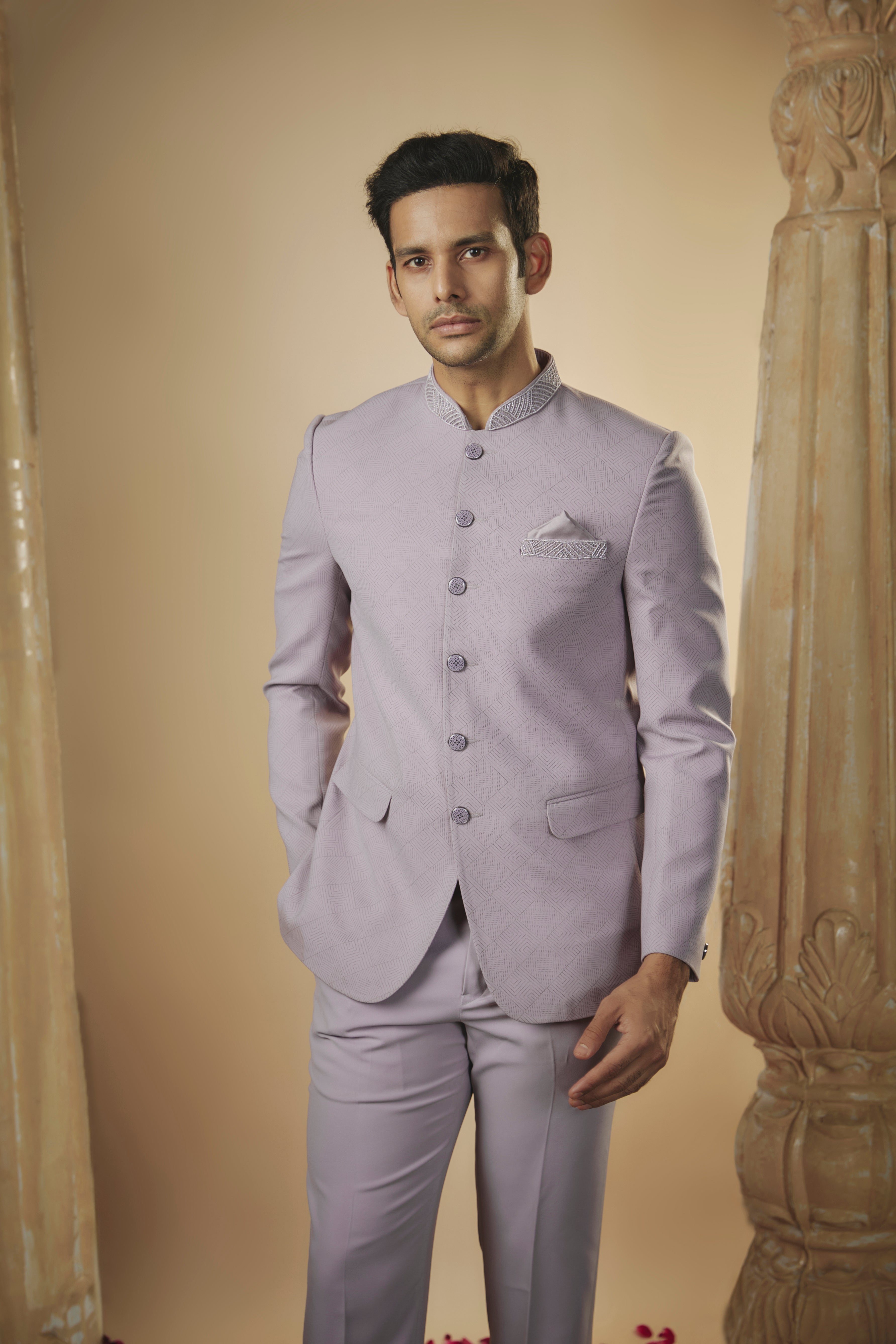 Fade lilac imported jacquard jodhpuri set