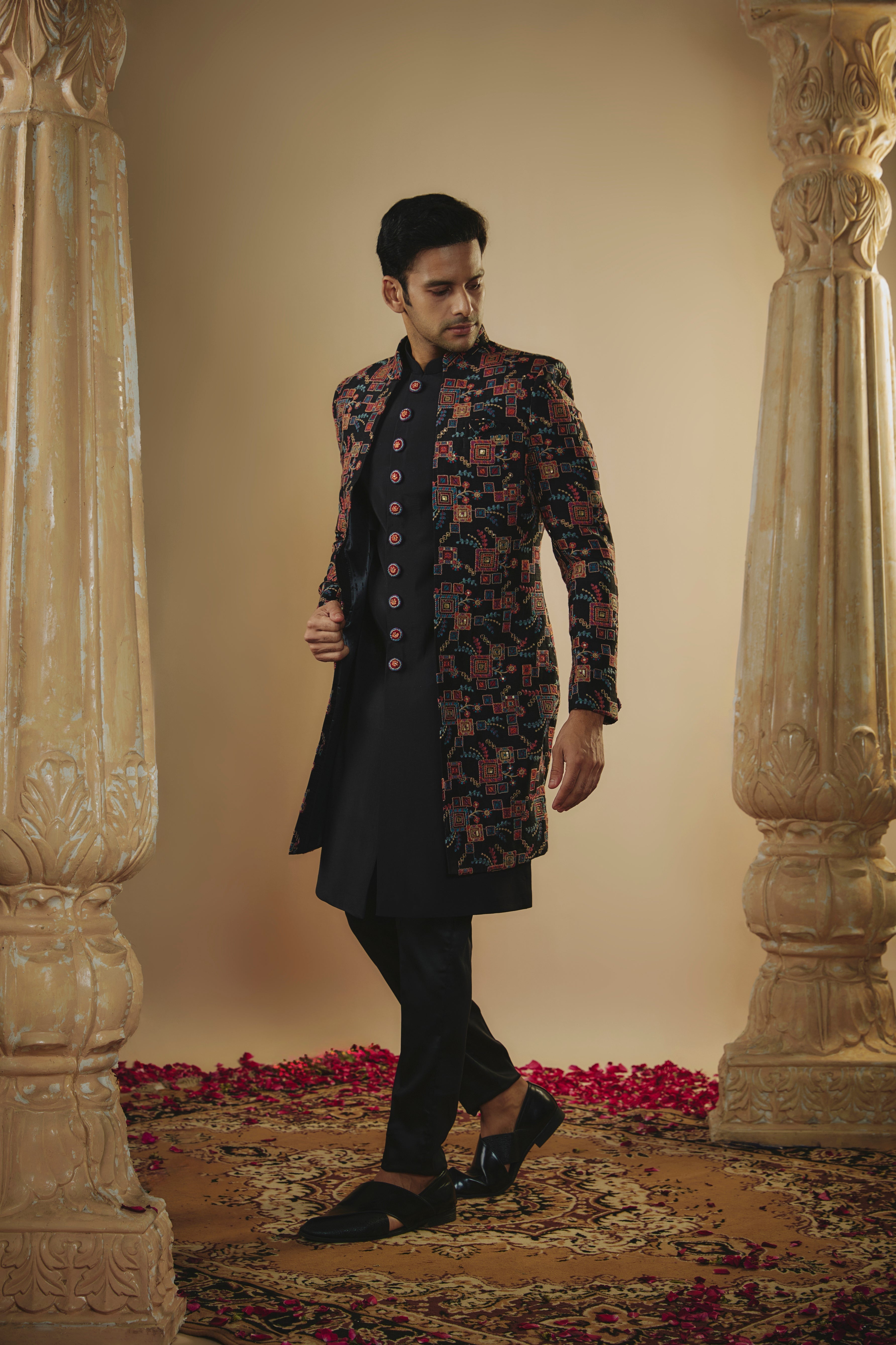 Onyx black plain imported resham embroidered open-indowestern set