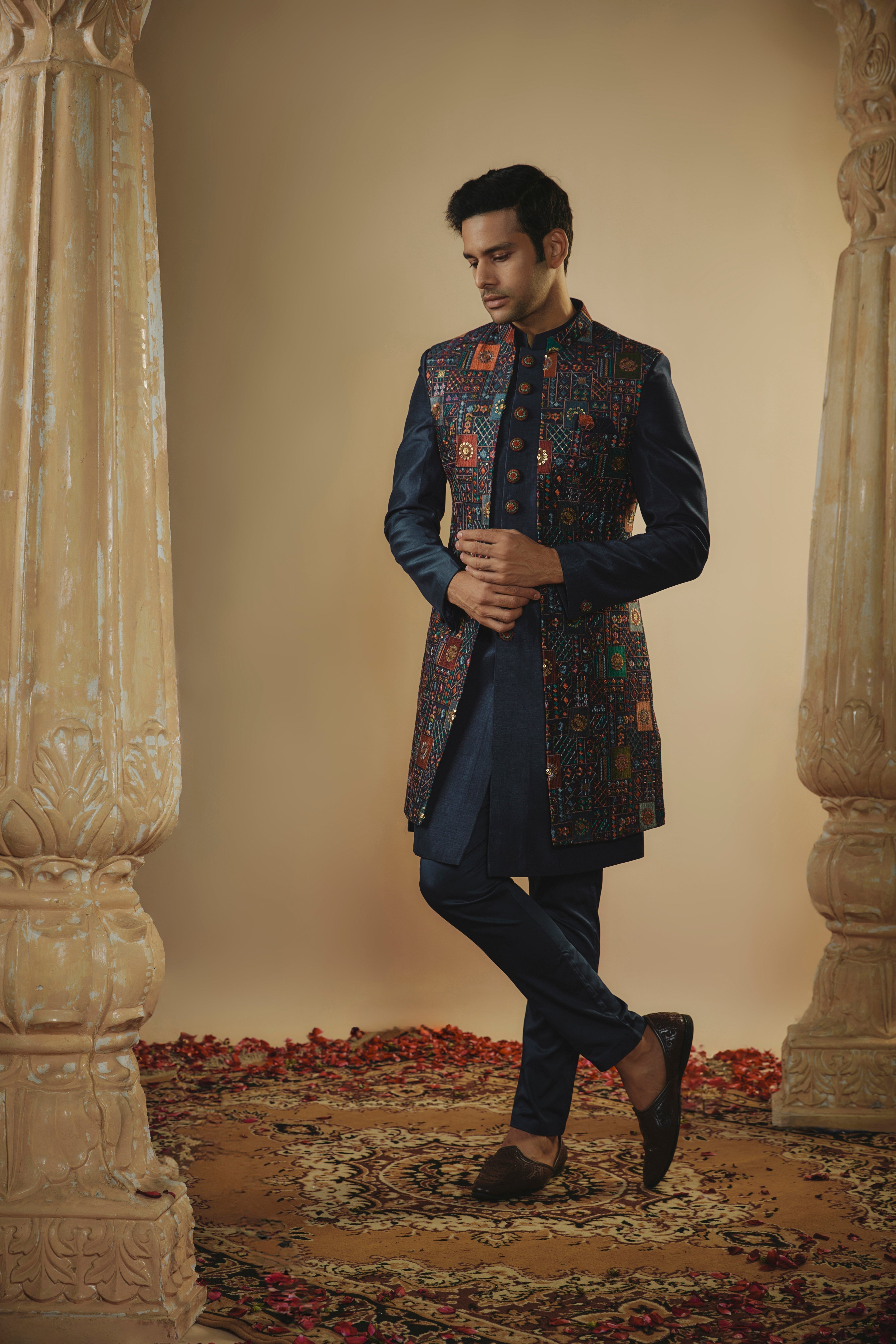 Indigo blue plain imported resham embroidered open-indowestern set