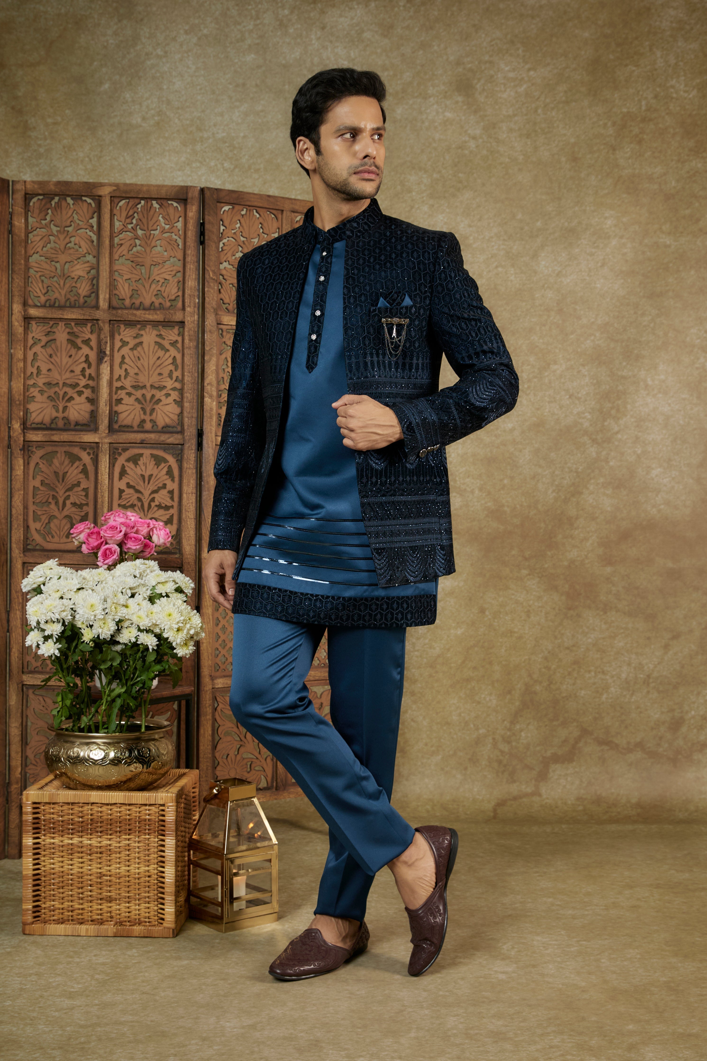 COBALT BLUE SHARTING SILK OPEN INDOWESTERN SET