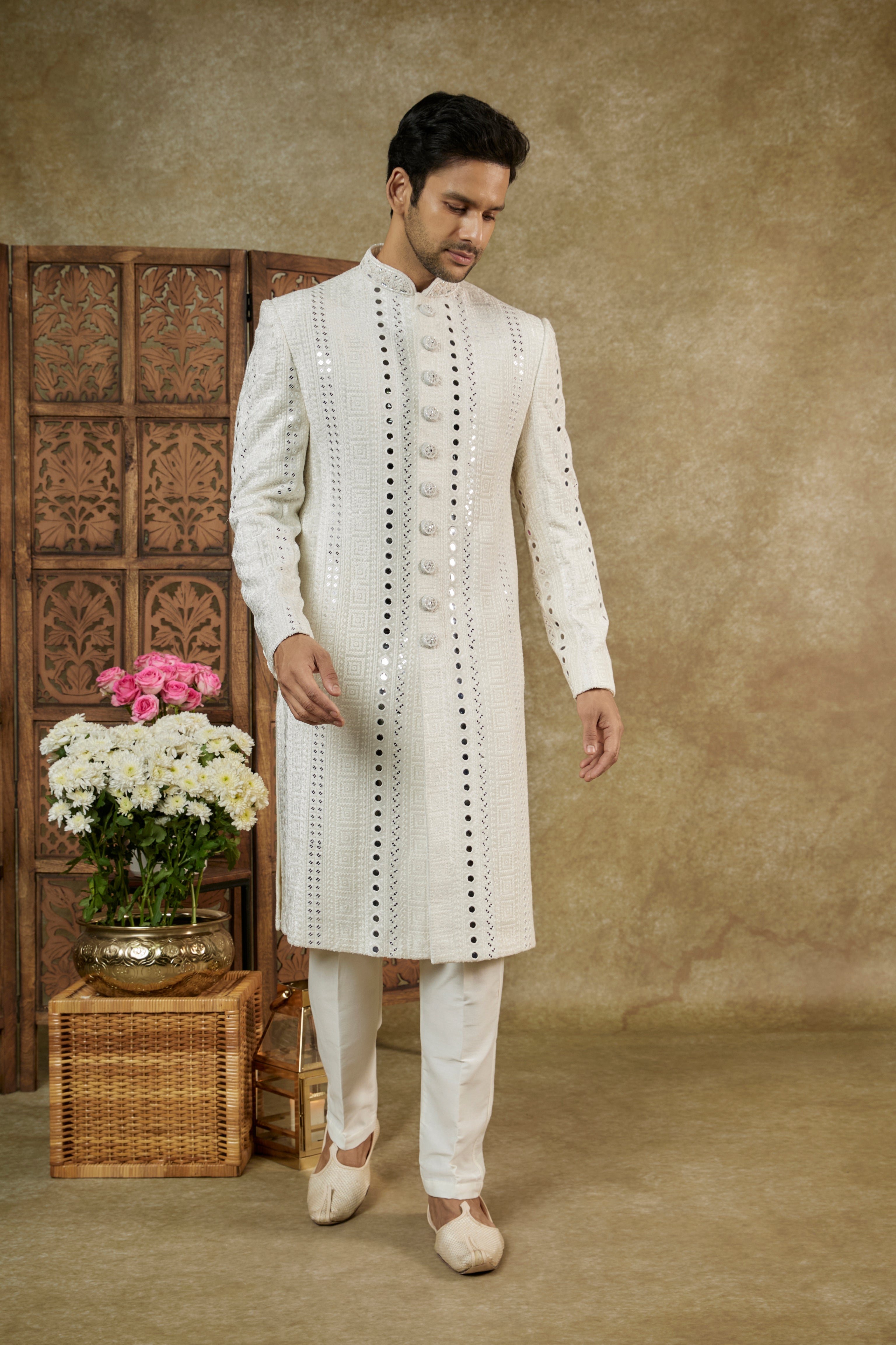 CREAM WHITE MIRROR EMBELLISHED LUCKNOWI VELVET NAWABI SHERWANI SET