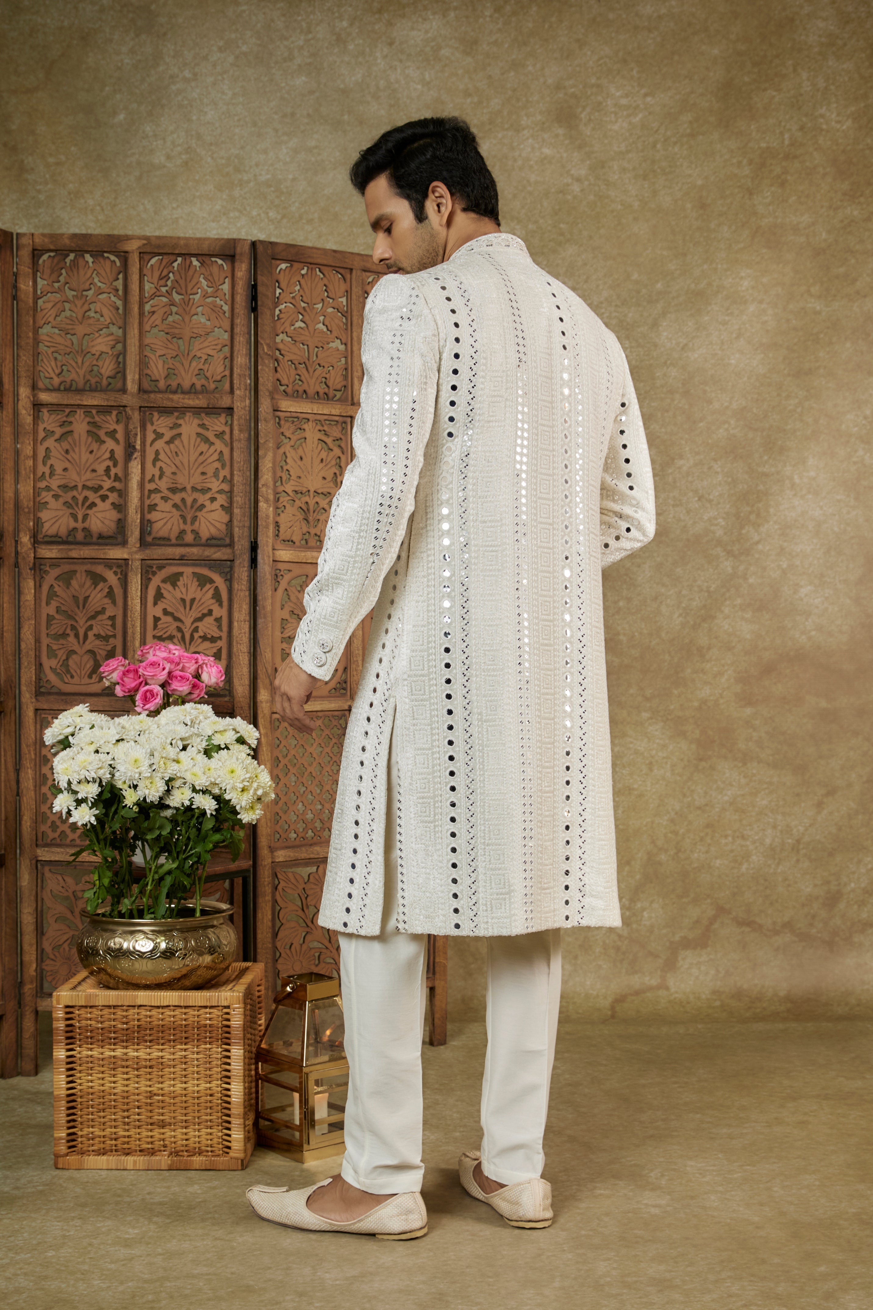 CREAM WHITE MIRROR EMBELLISHED LUCKNOWI VELVET NAWABI SHERWANI SET