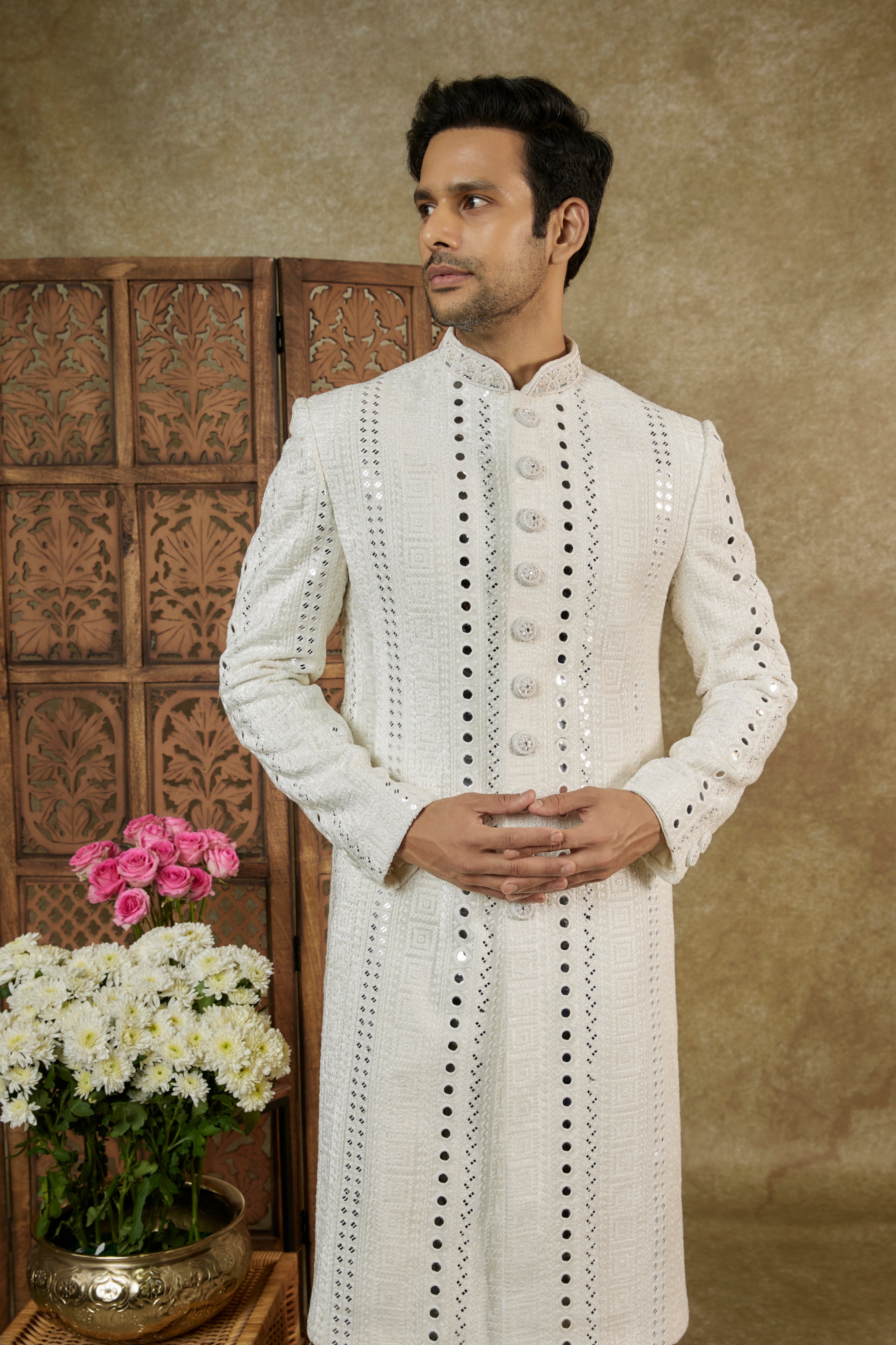 CREAM WHITE MIRROR EMBELLISHED LUCKNOWI VELVET NAWABI SHERWANI SET