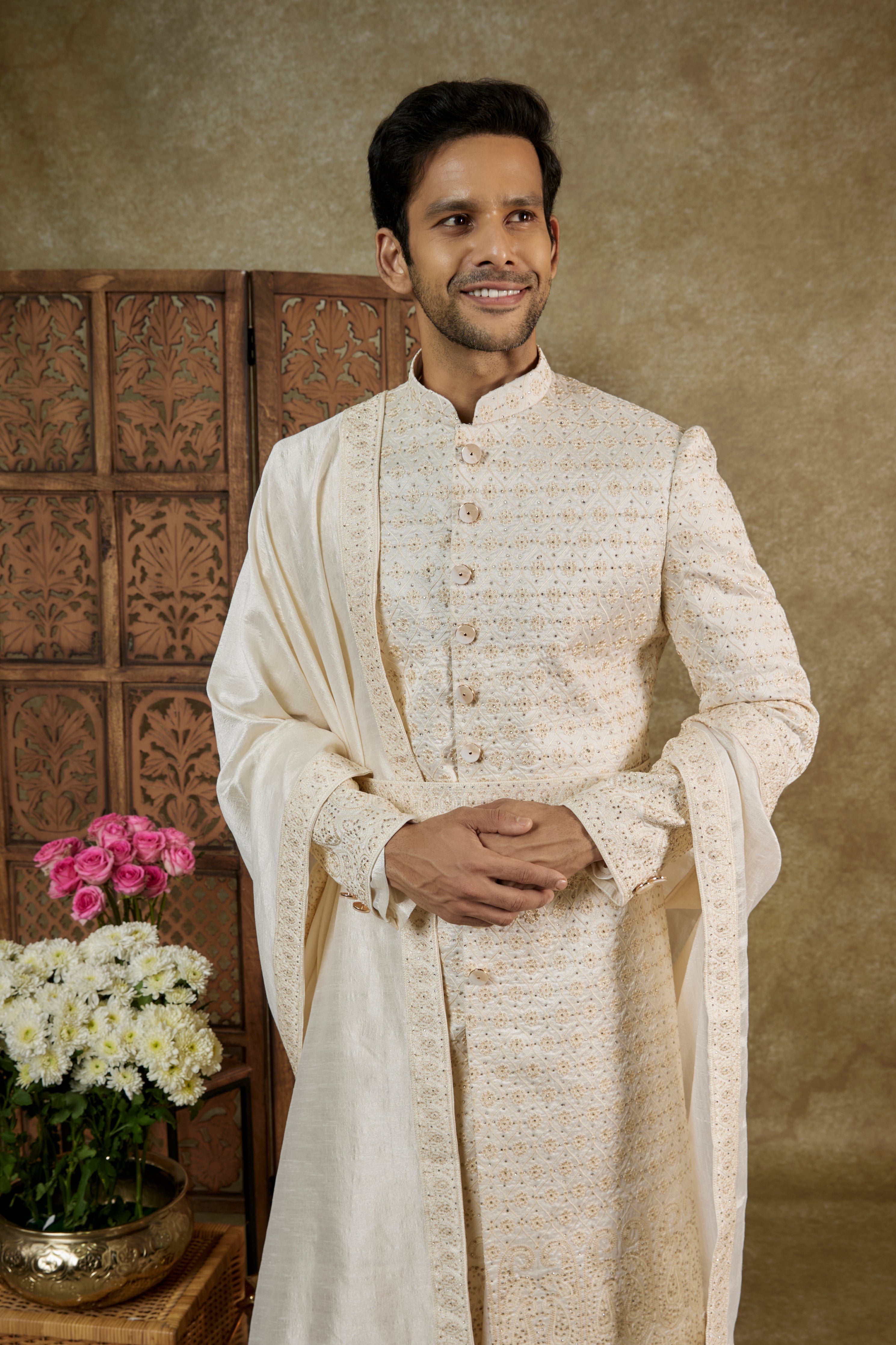 CREAM BEIGE SILK ANARKALI SHERWANI SET WITH STONE EMBELLISHMENTS