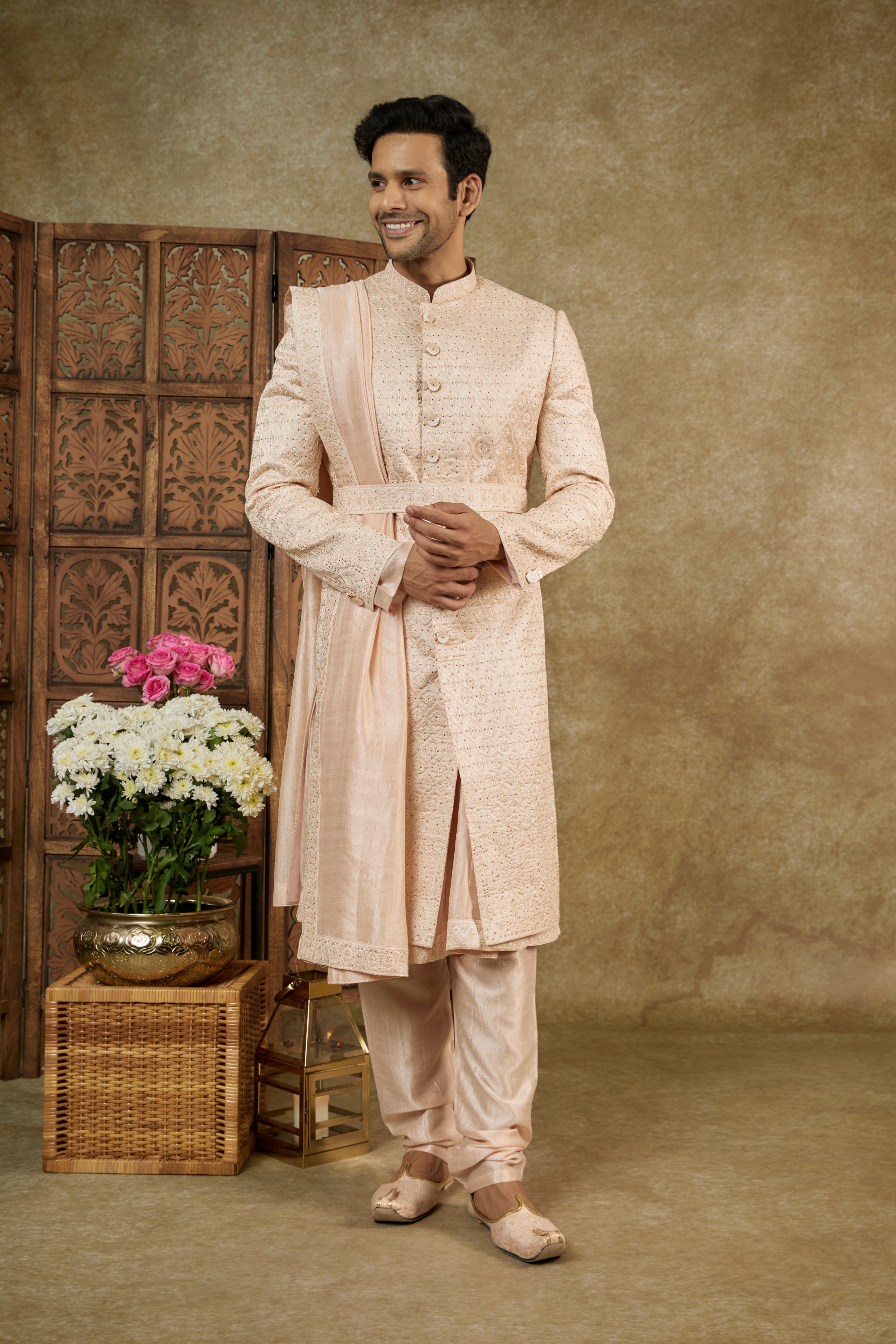 PEACH ROSE SILK ANARKALI SHERWANI SET WITH STONE EMBELLISHMENTS