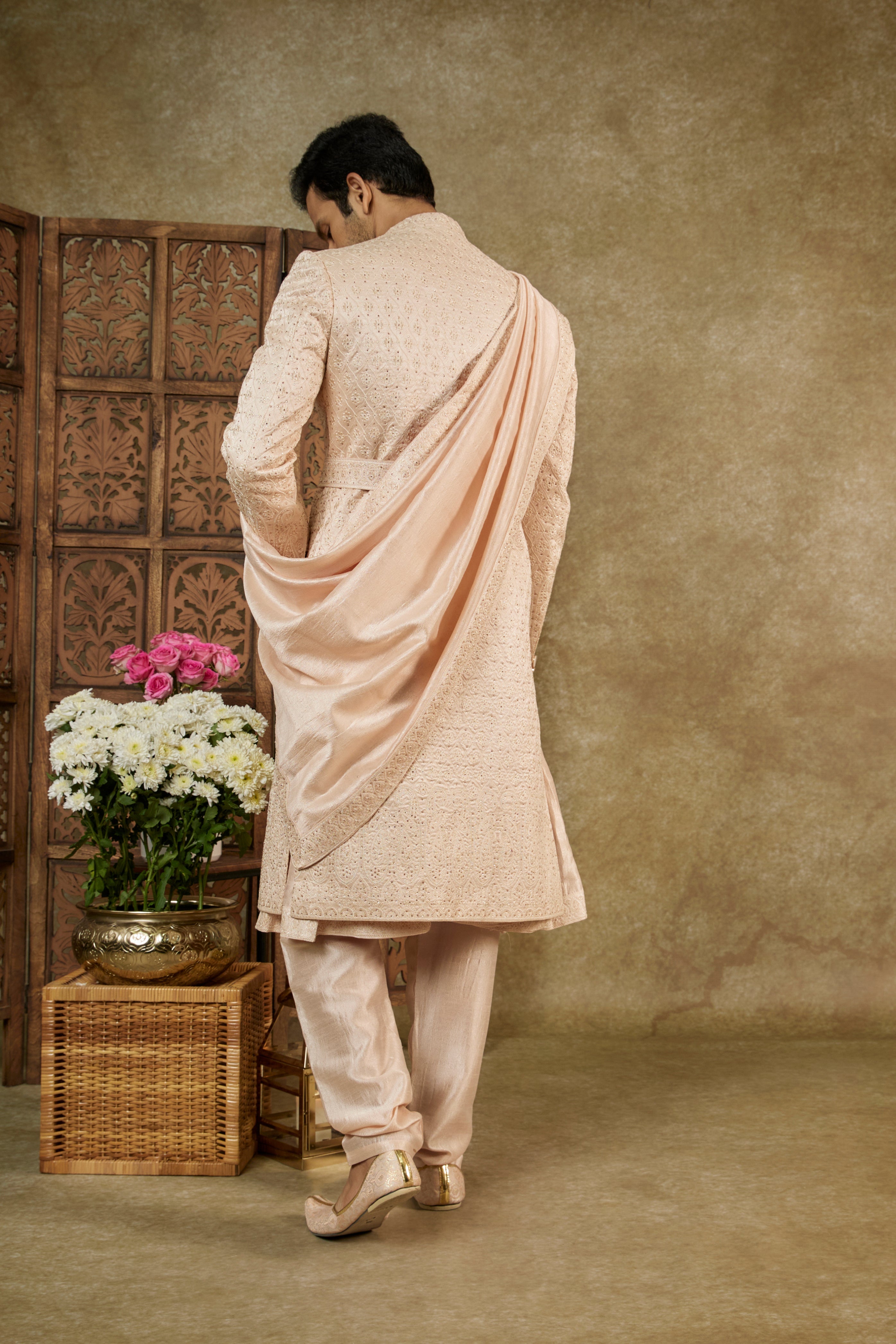 PEACH ROSE SILK ANARKALI SHERWANI SET WITH STONE EMBELLISHMENTS