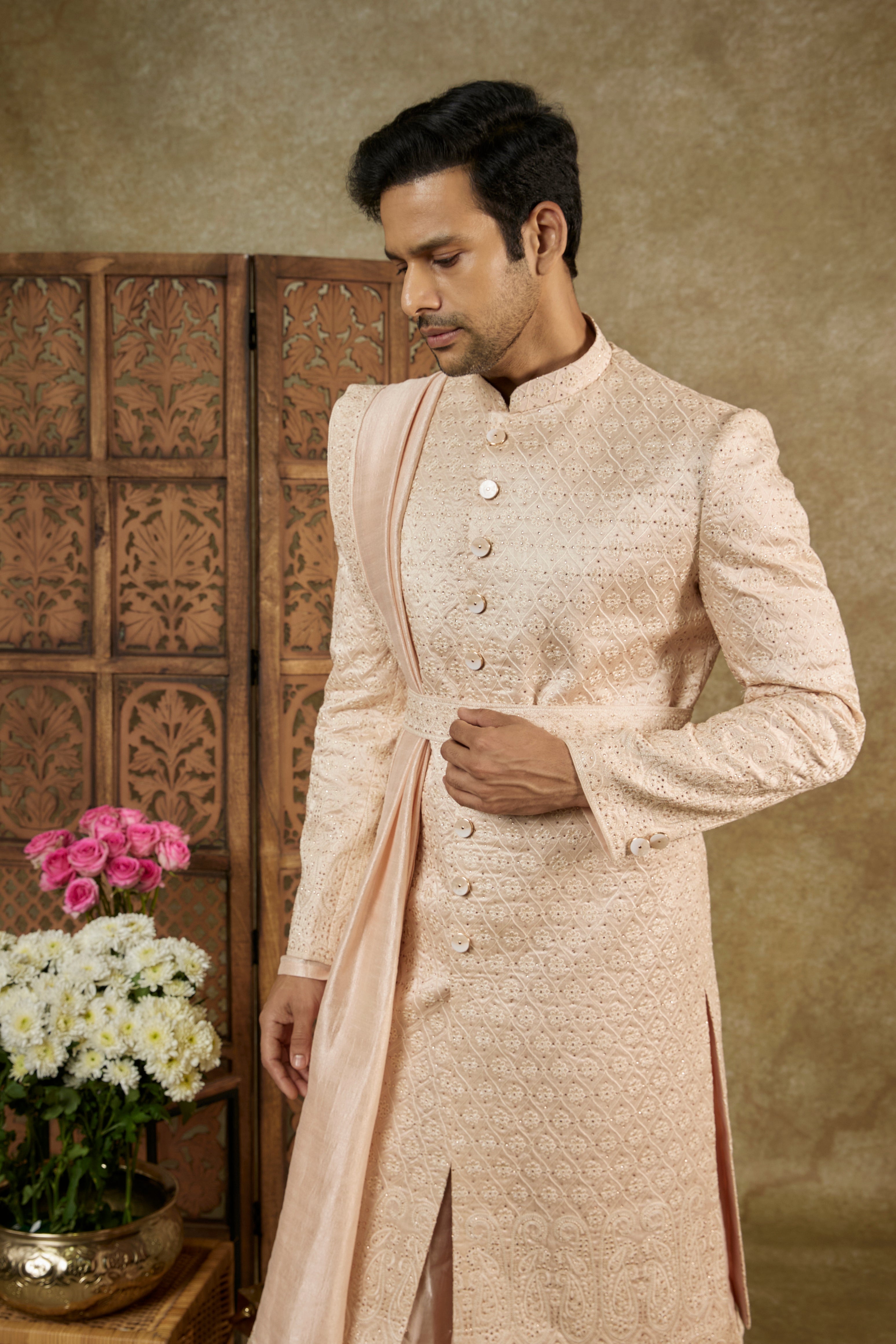 PEACH ROSE SILK ANARKALI SHERWANI SET WITH STONE EMBELLISHMENTS