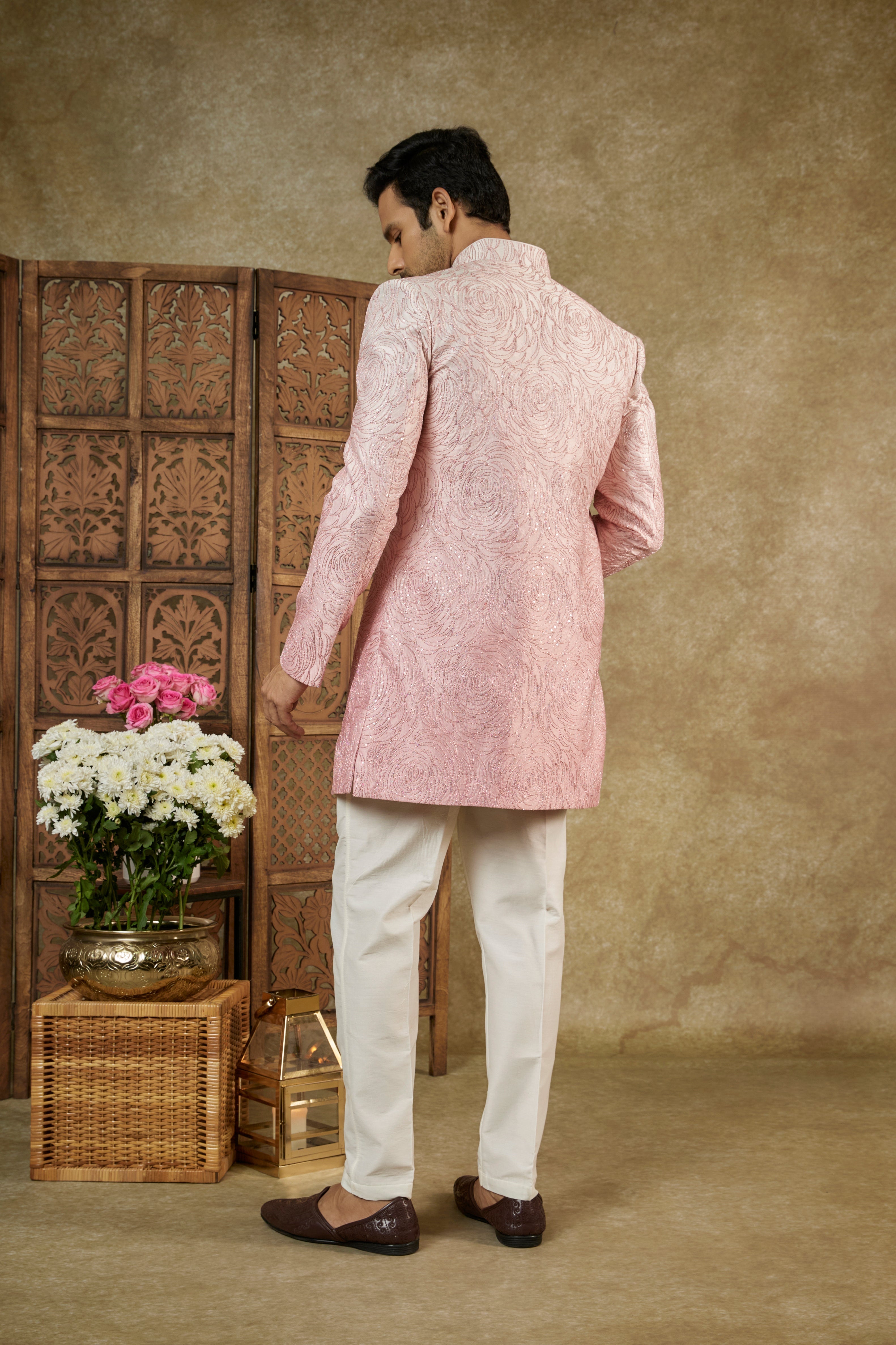 OMBRE ROSE WHITE SHARTING SILK OPEN INDOWESTERN SET WITH DORI WORK