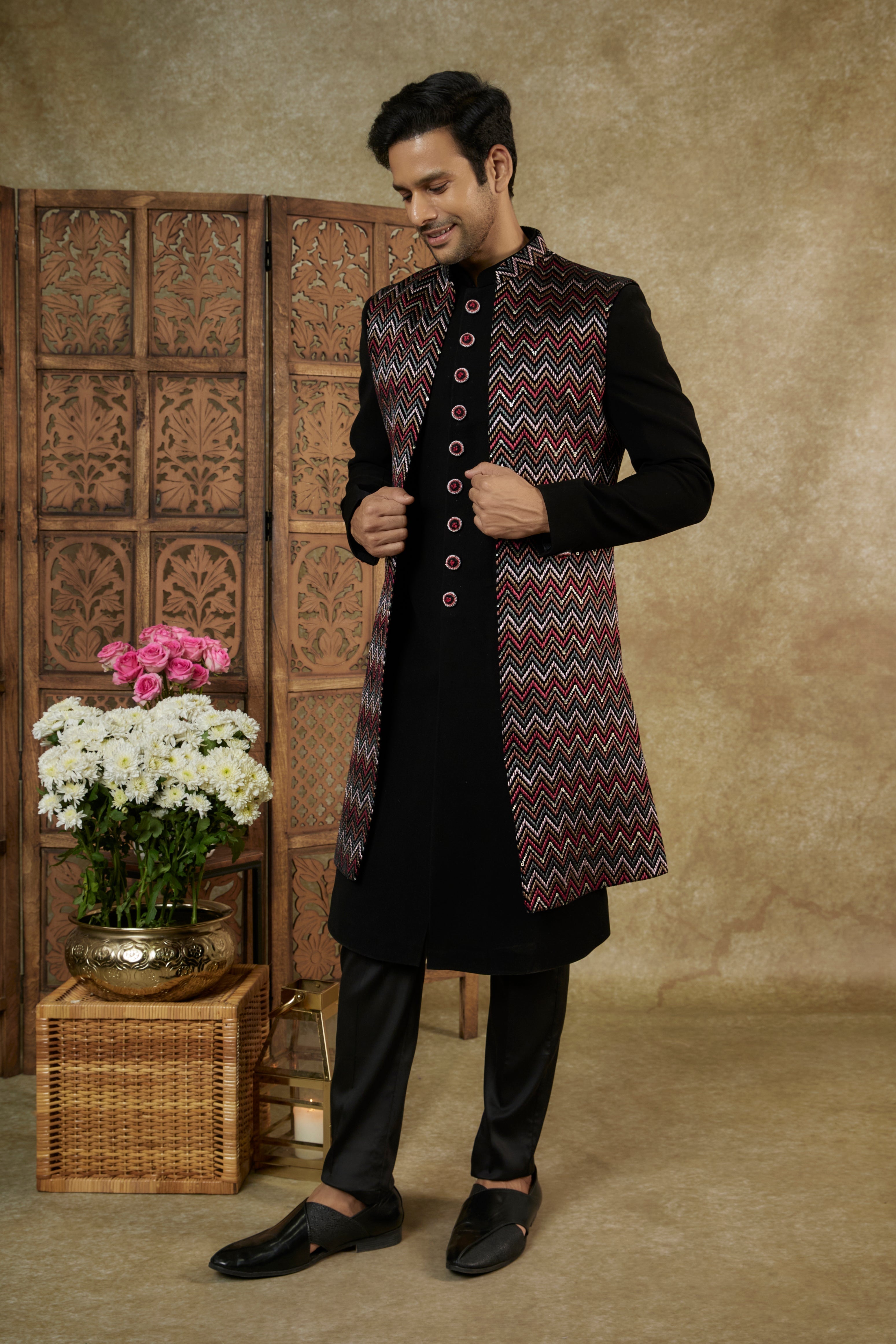 COAL BLACK LUCKNOWI VELVET OPEN INDOWESTERN SET