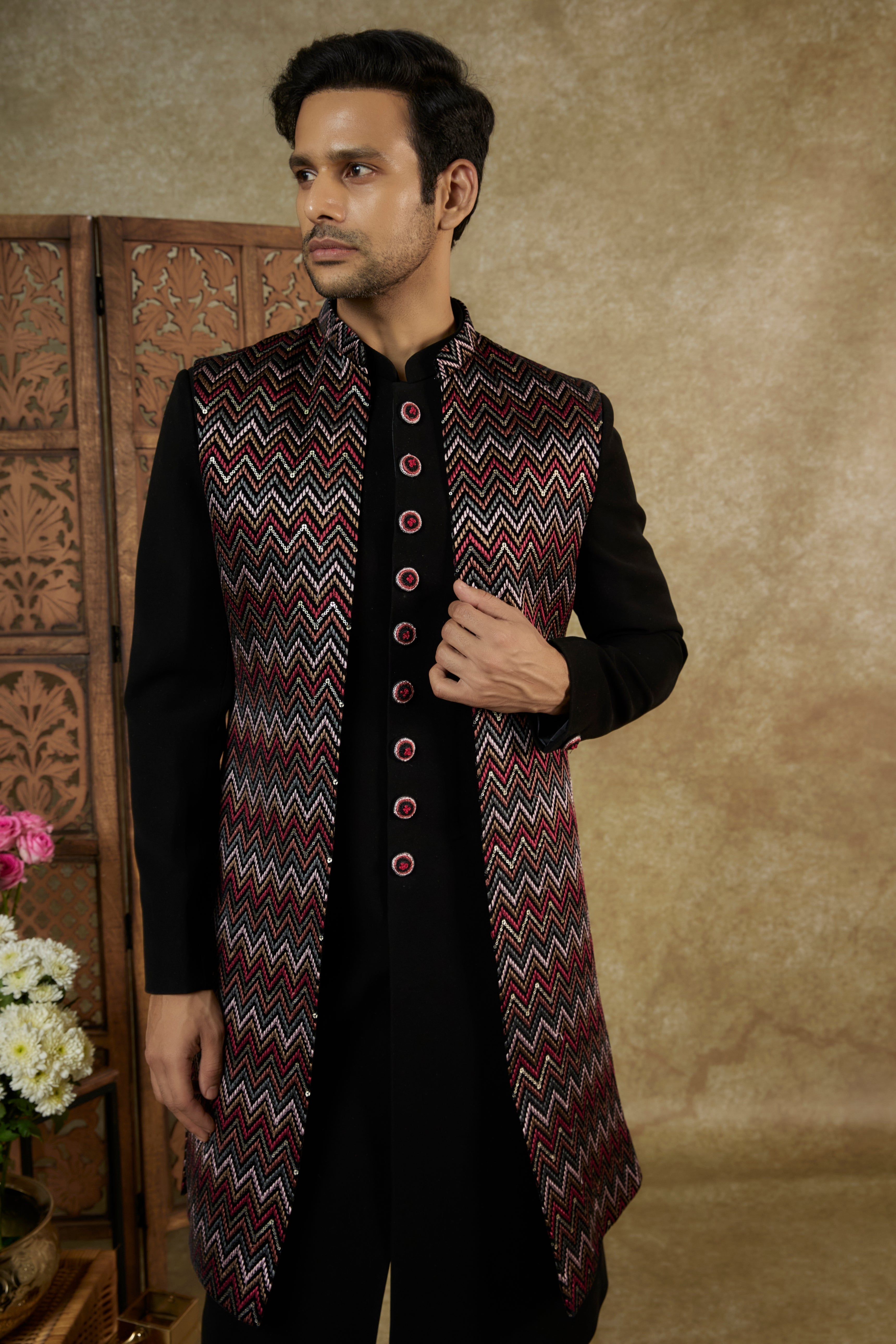 COAL BLACK LUCKNOWI VELVET OPEN INDOWESTERN SET