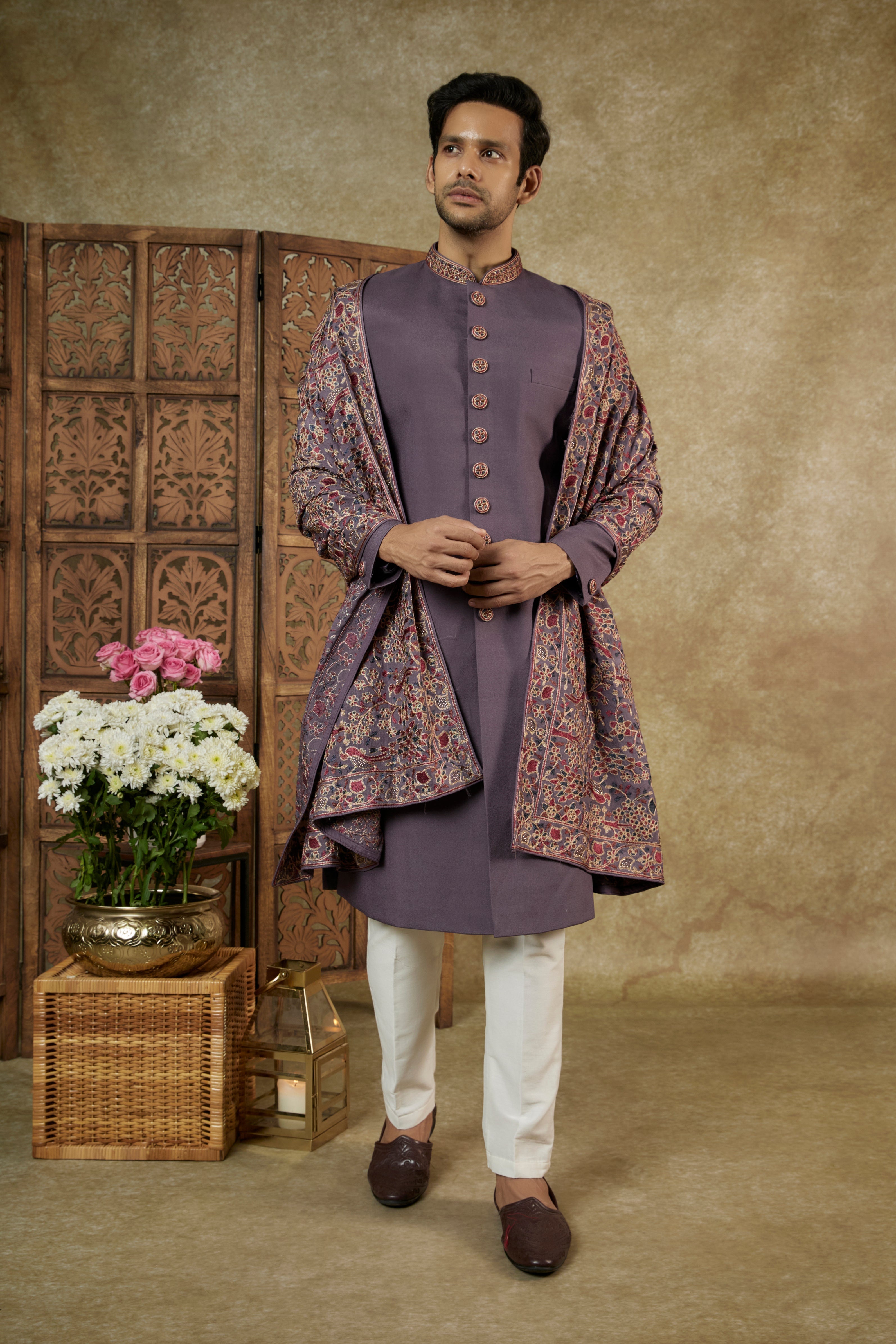 DEEP MAUVE NAWABI SILK HANDWORK SHERWANI SET