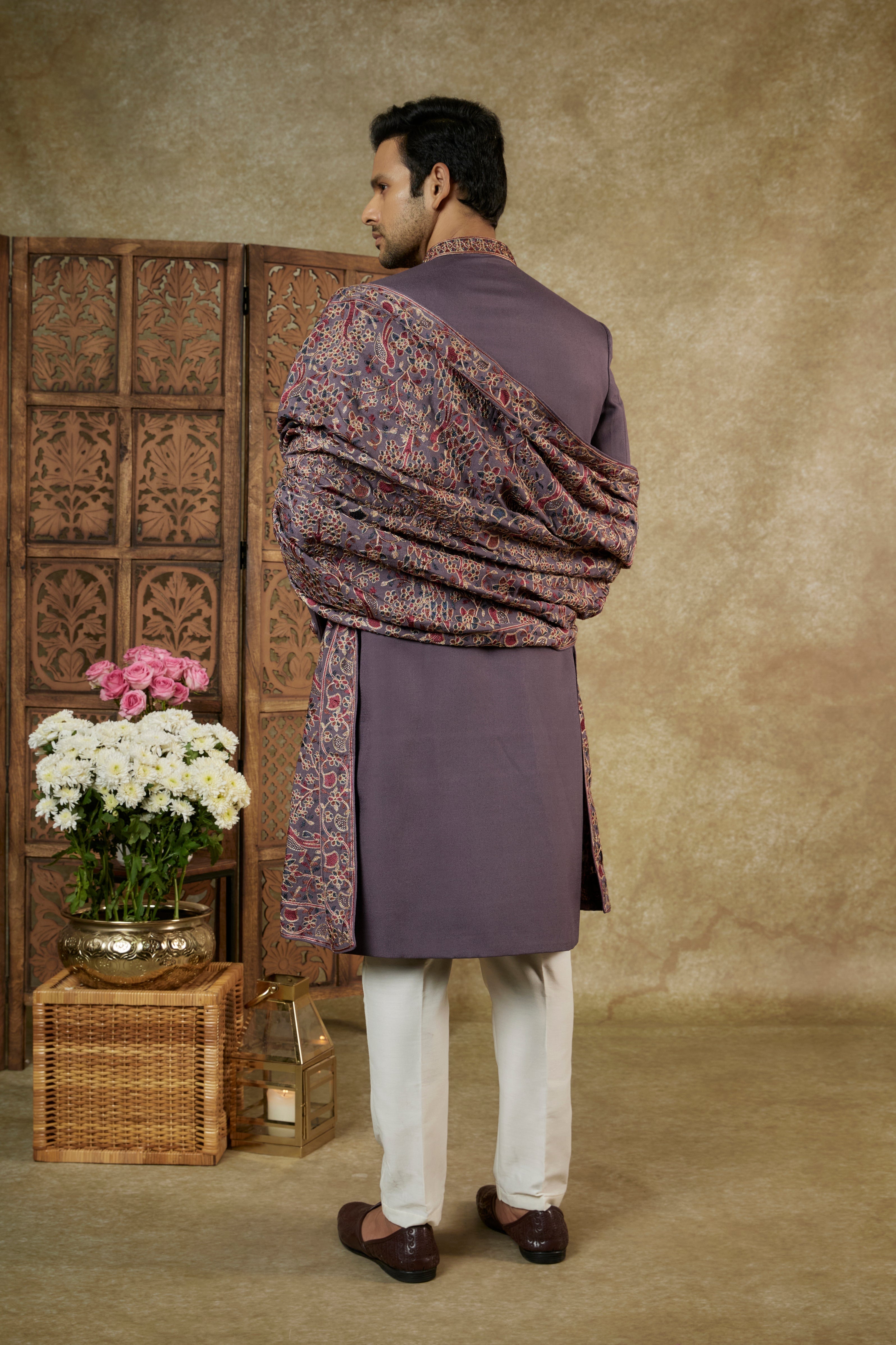 DEEP MAUVE NAWABI SILK HANDWORK SHERWANI SET