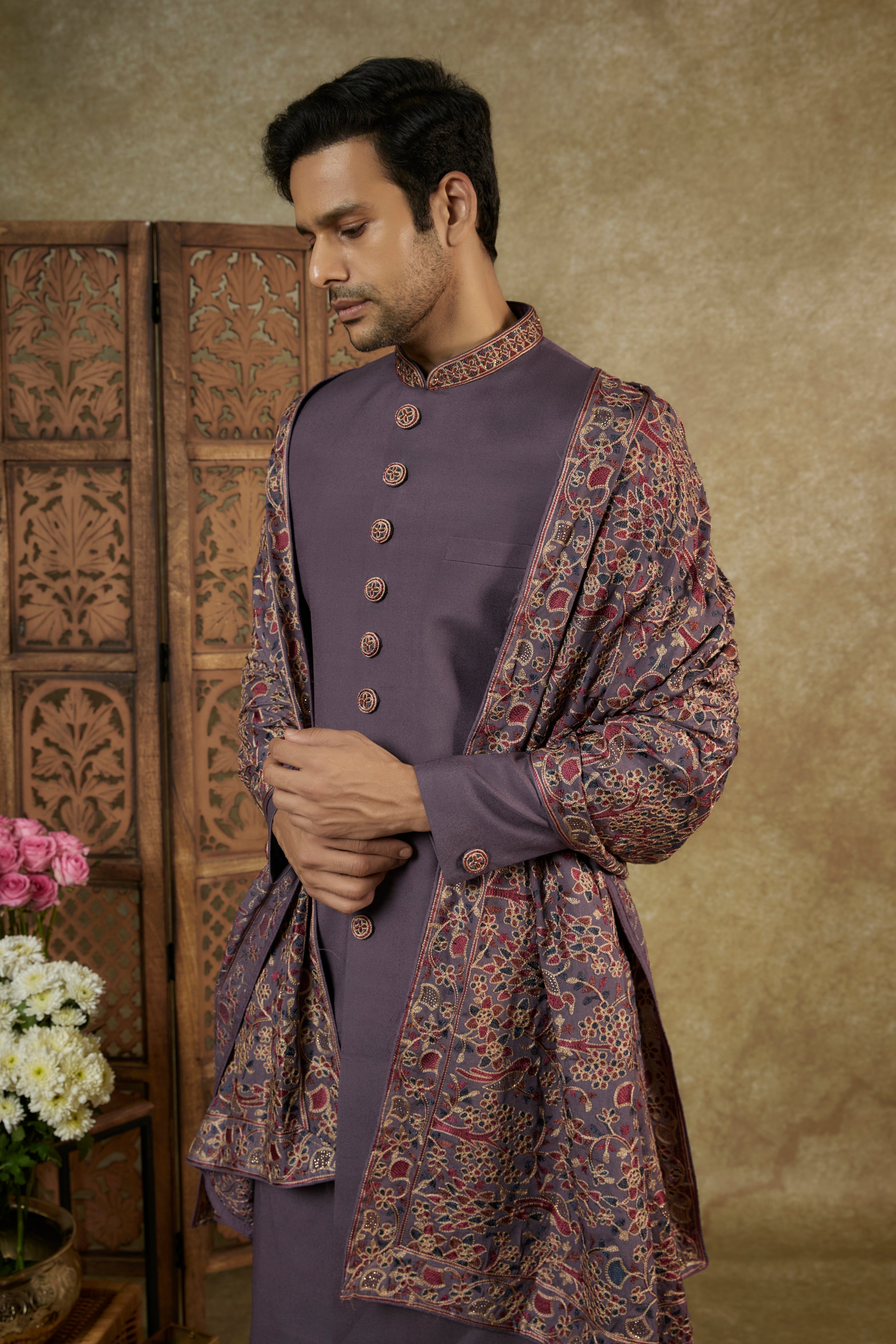 DEEP MAUVE NAWABI SILK HANDWORK SHERWANI SET