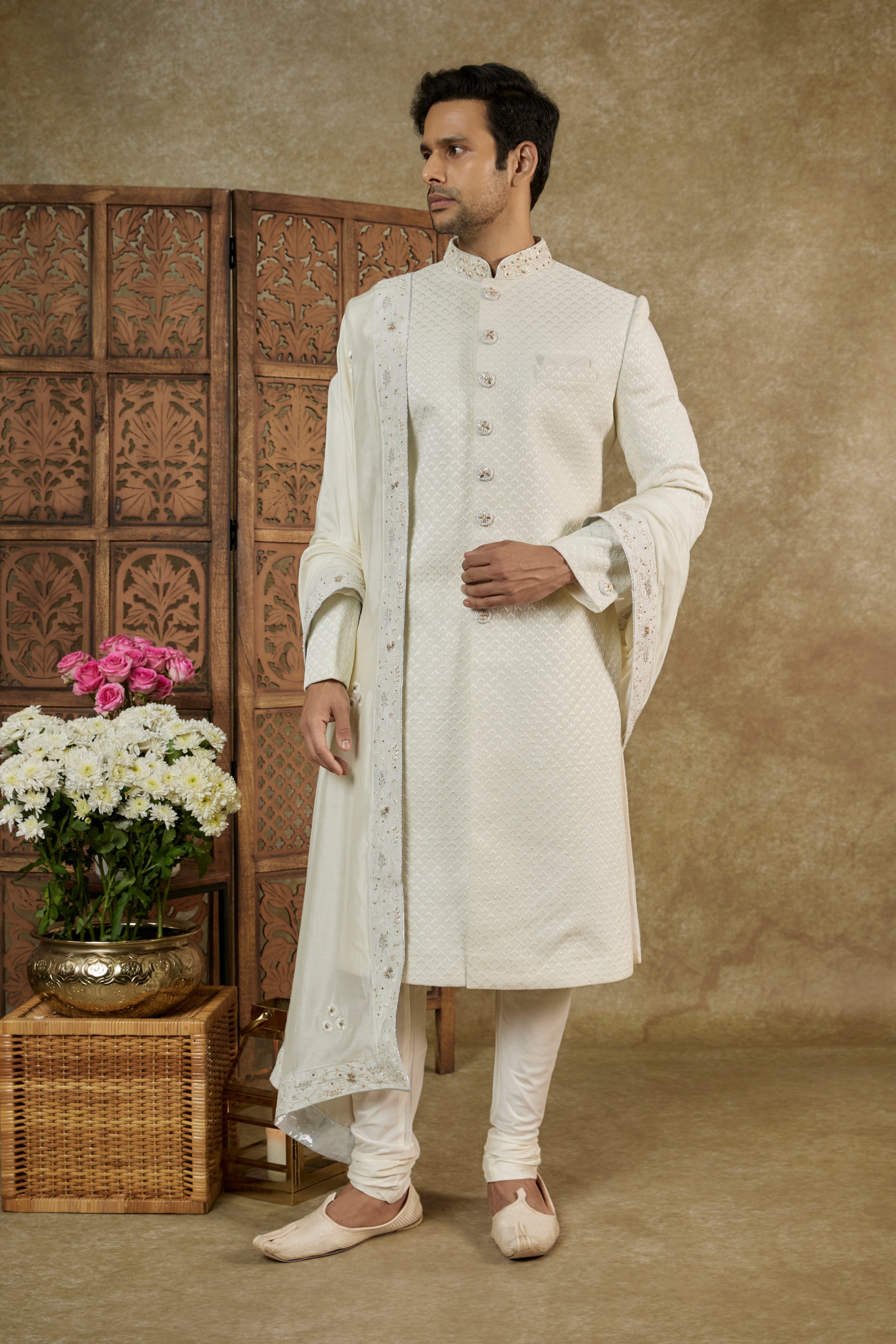 DOVE WHITE LUCKNOWI VELVET SHERWANI SET