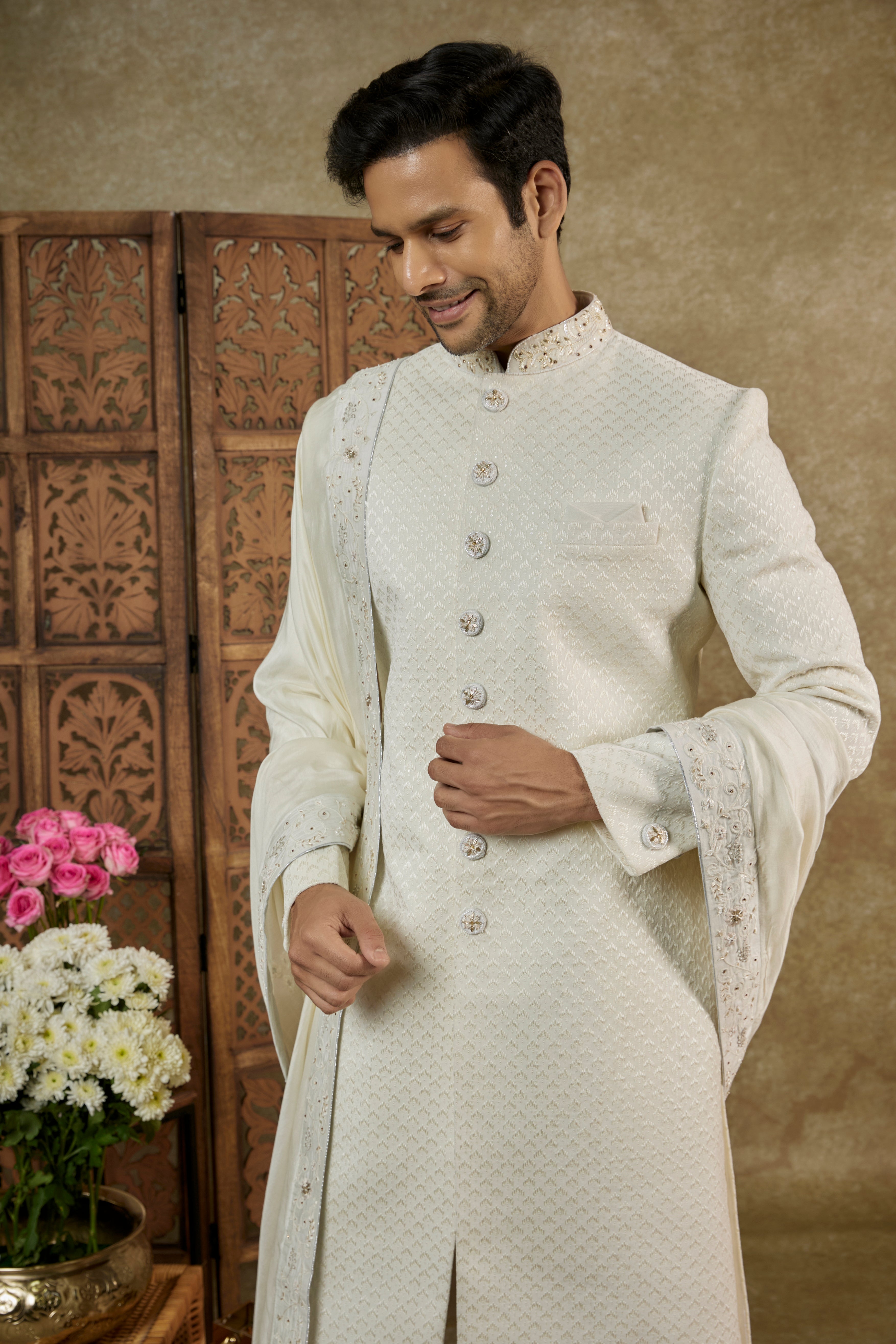 DOVE WHITE LUCKNOWI VELVET SHERWANI SET