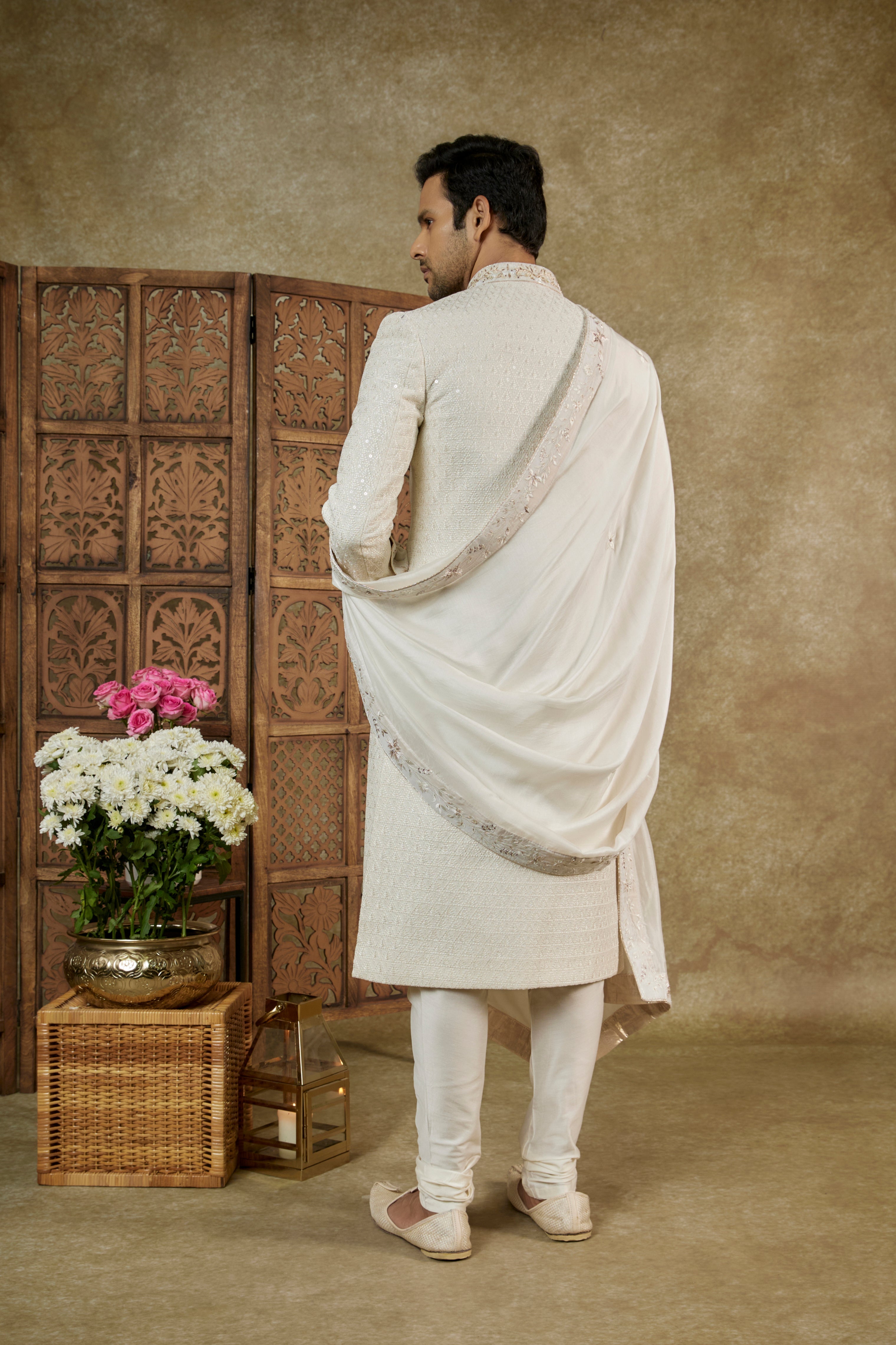 CREAM WHITE LUCKNOWI VELVET SEQUINNED SHERWANI SET