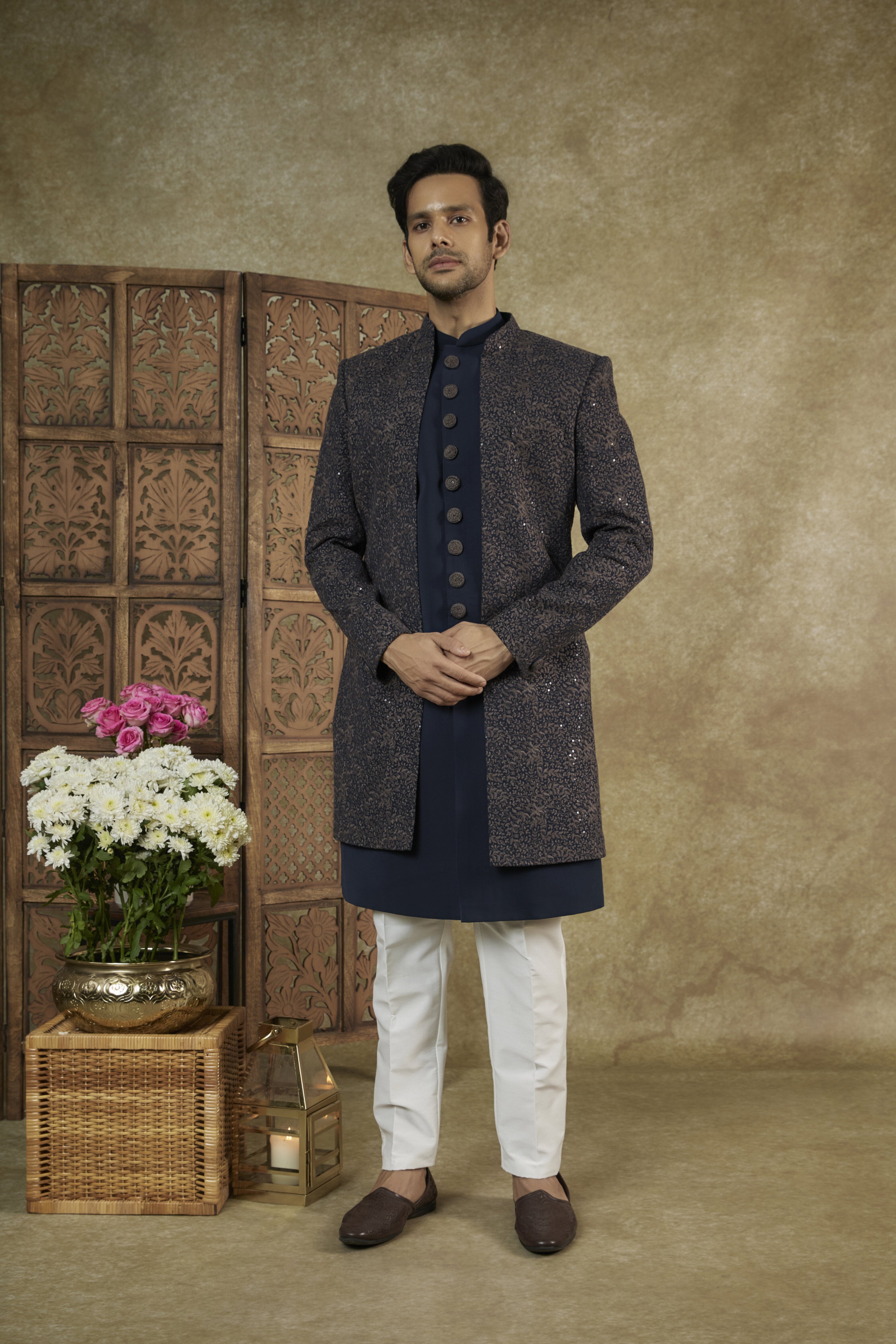 MIDNIGHT BLUE RESHAM EMBROIDERED LUCKNOWI OPEN INDOWESTERN SET