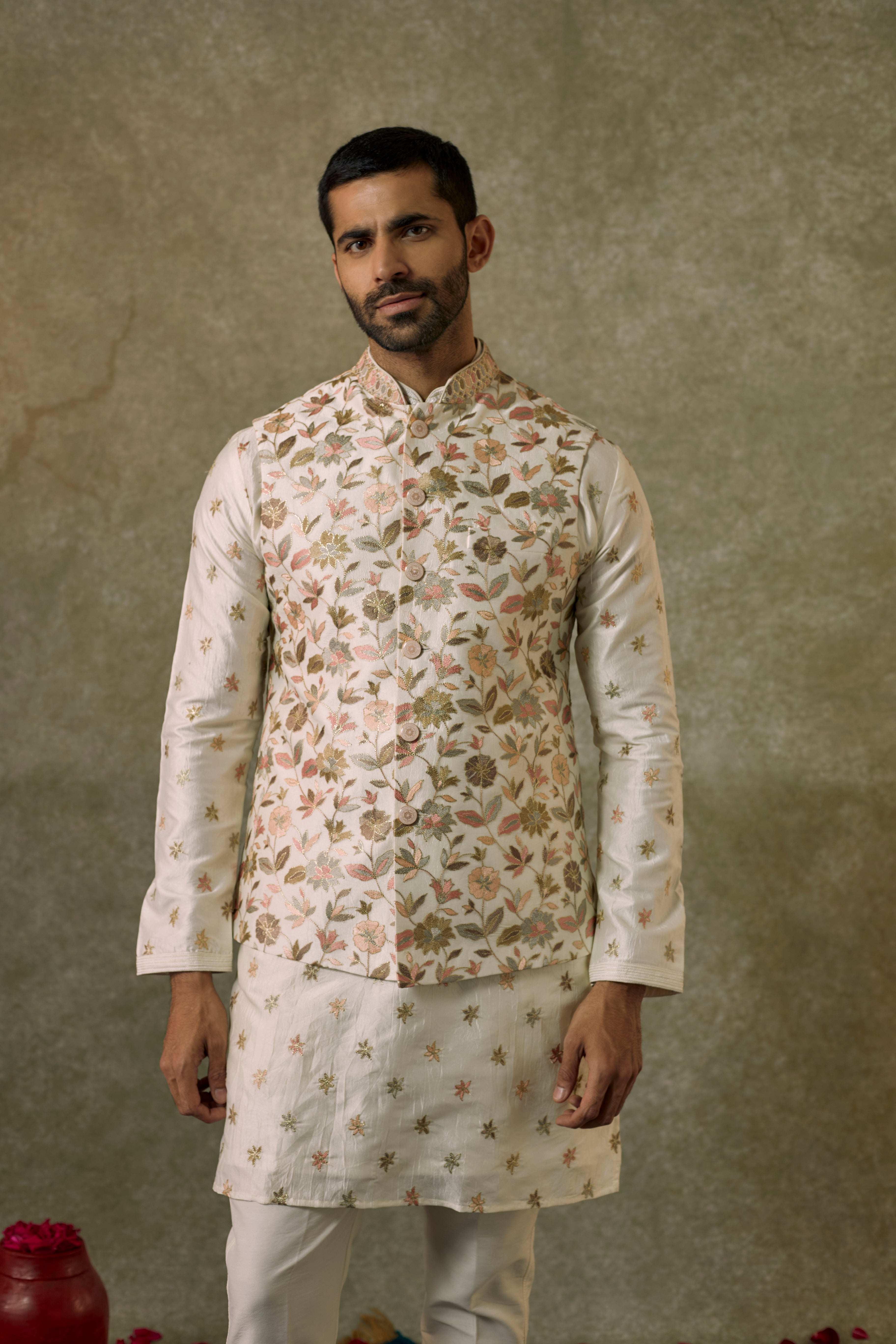 Cream white Chanderi silk resham Kurta jacket set