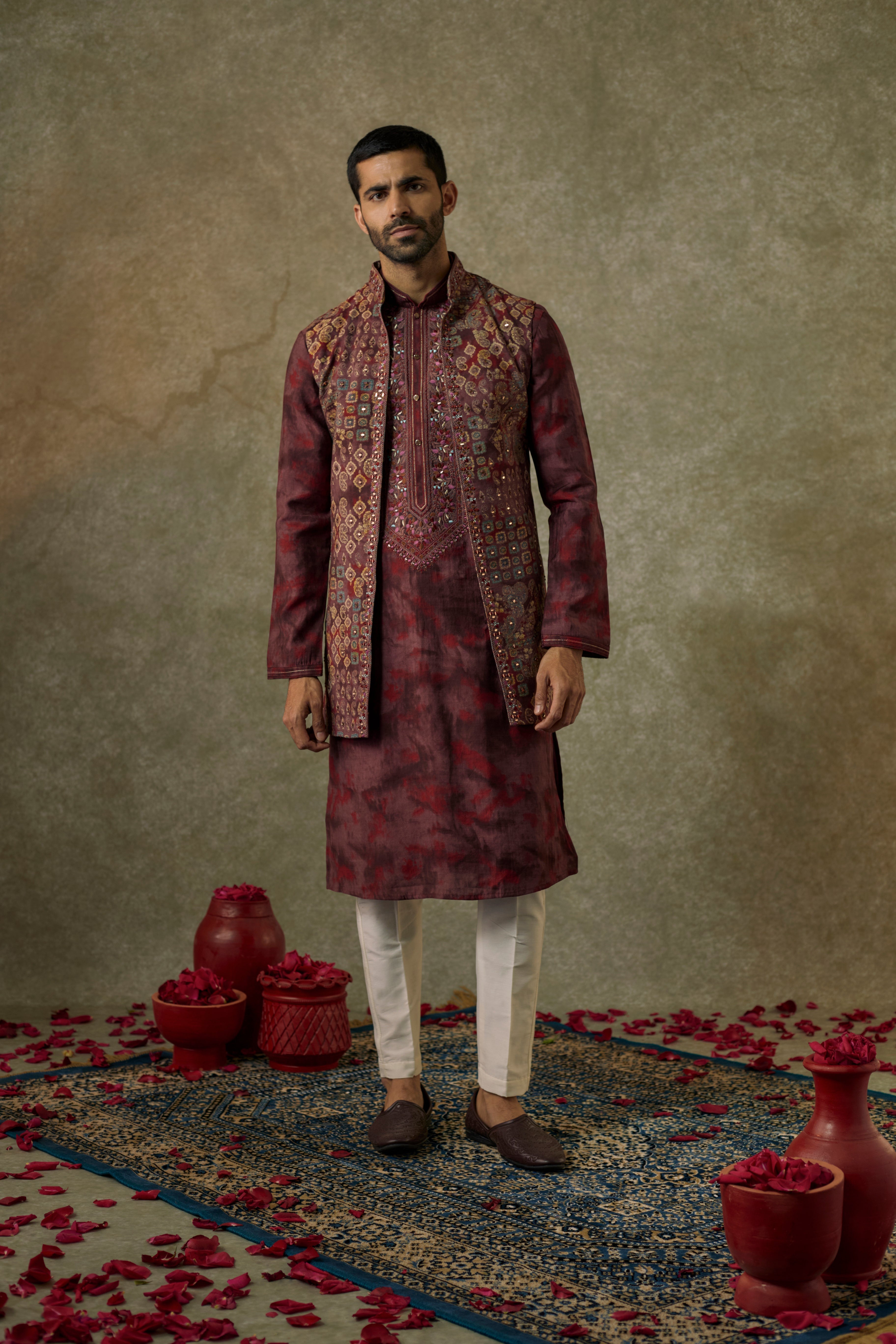 Berry printed Splendid silk  resham and embroidered Open  kurta Jacket  set