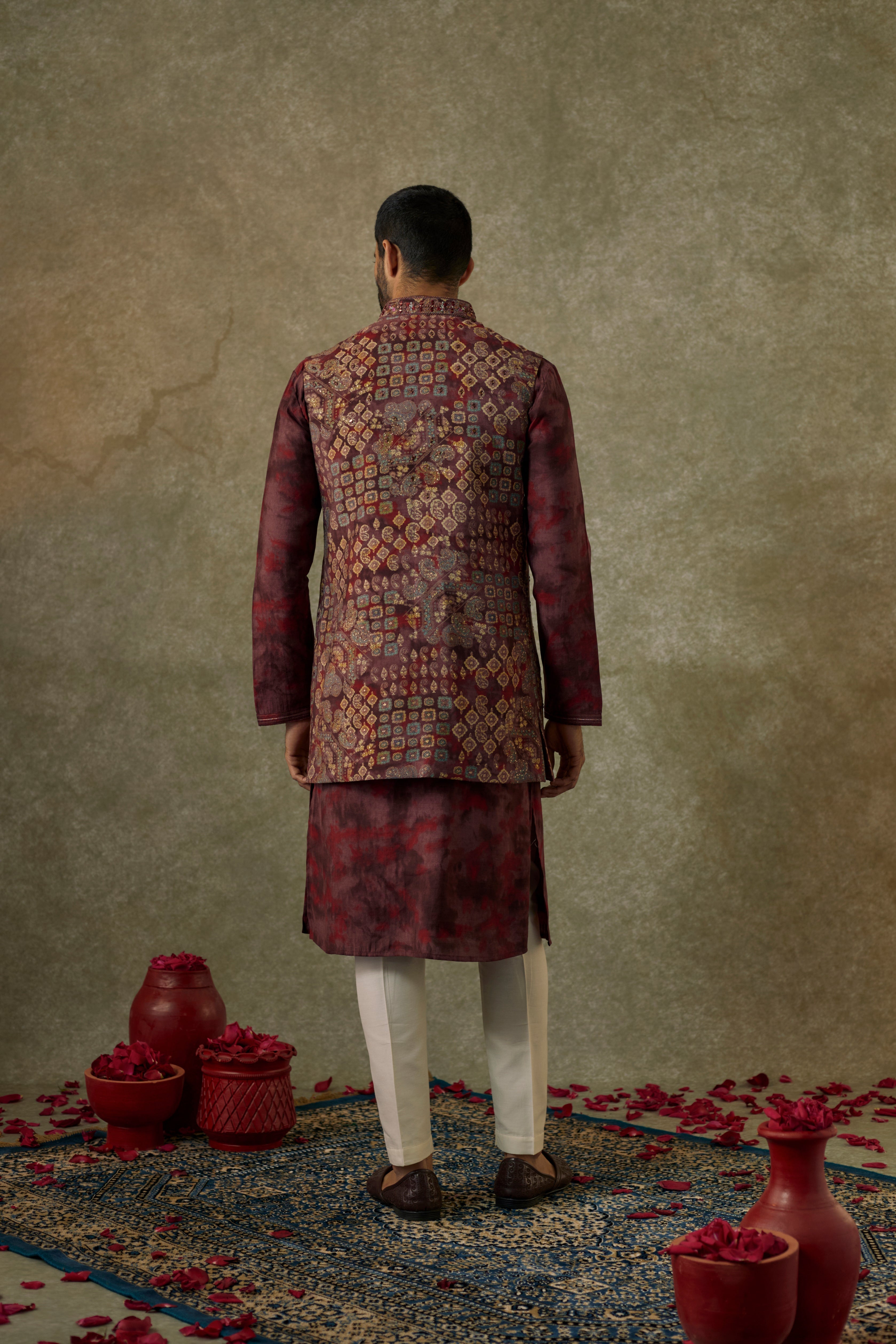 Berry printed Splendid silk  resham and embroidered Open  kurta Jacket  set