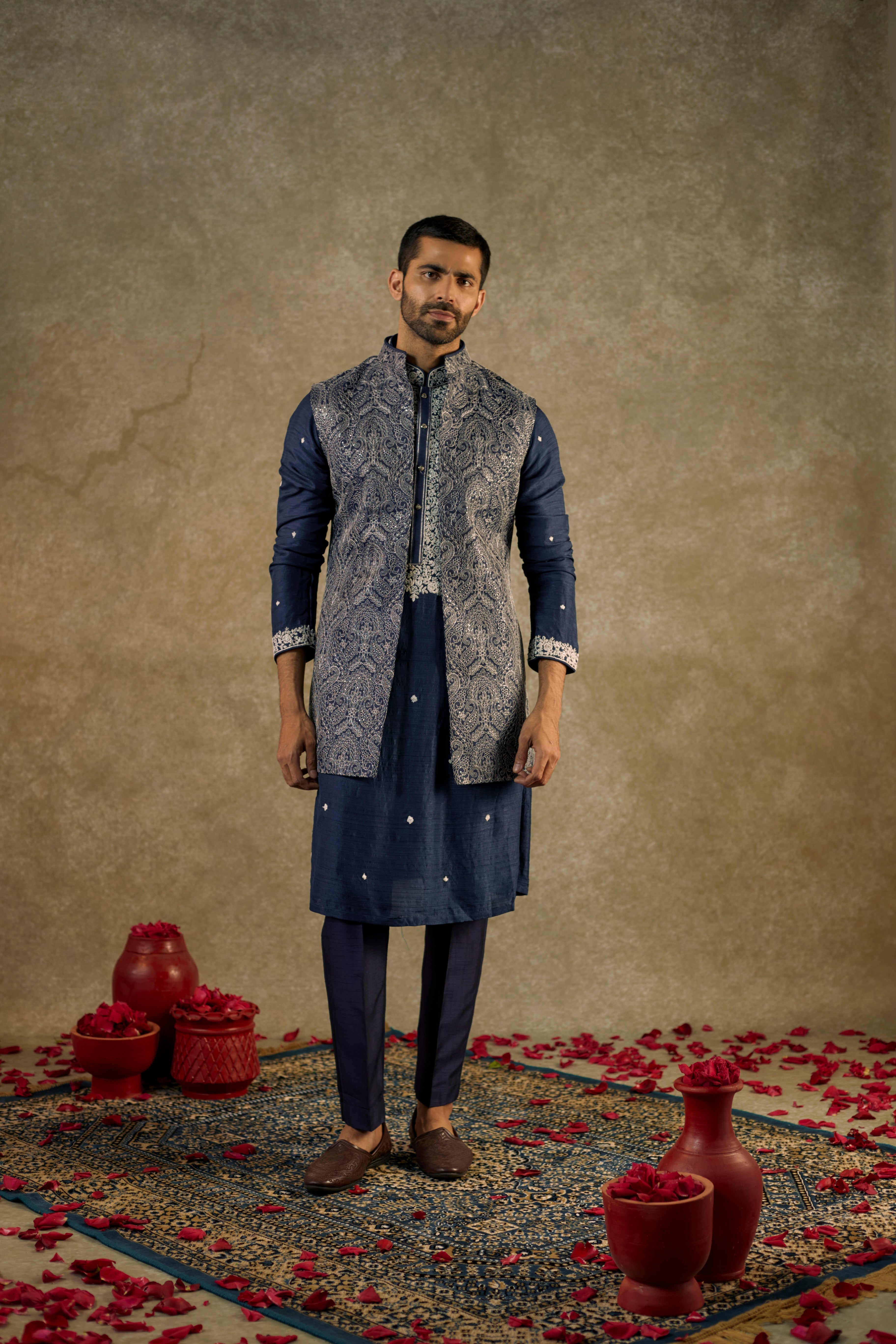 Cobalt Blue Splendid Silk resham Kurta jacket set