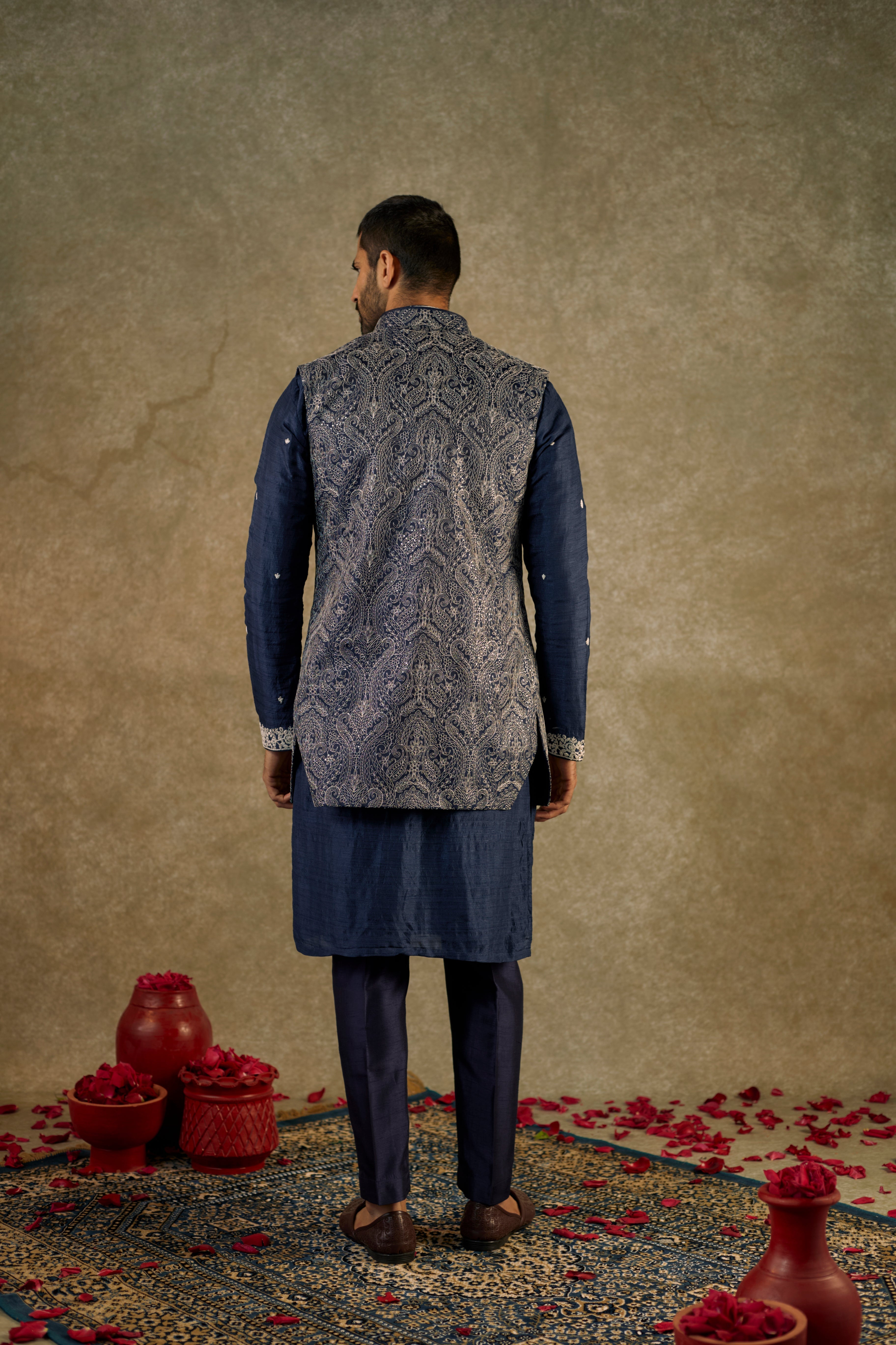 Cobalt Blue Splendid Silk resham Kurta jacket set