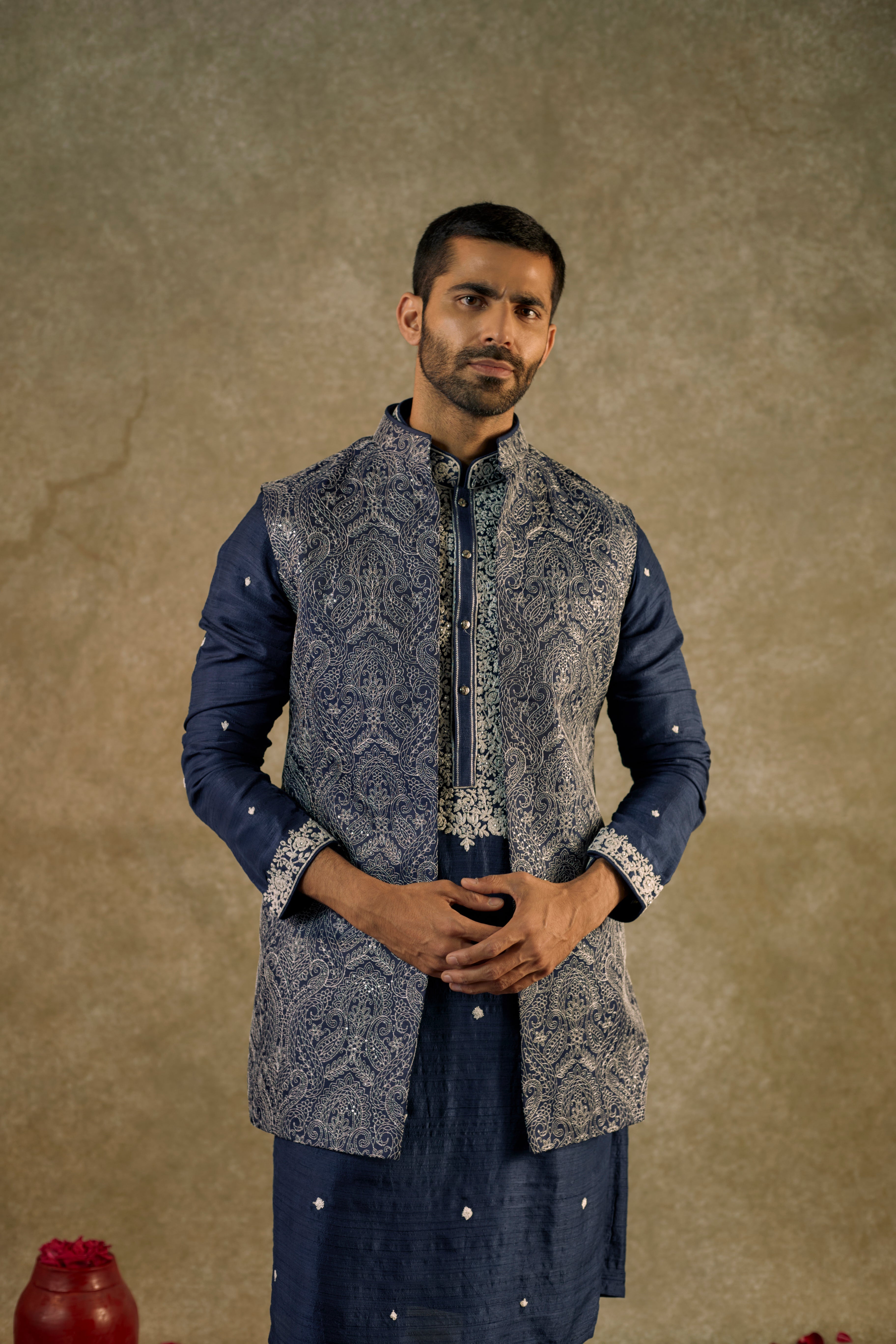 Cobalt Blue Splendid Silk resham Kurta jacket set