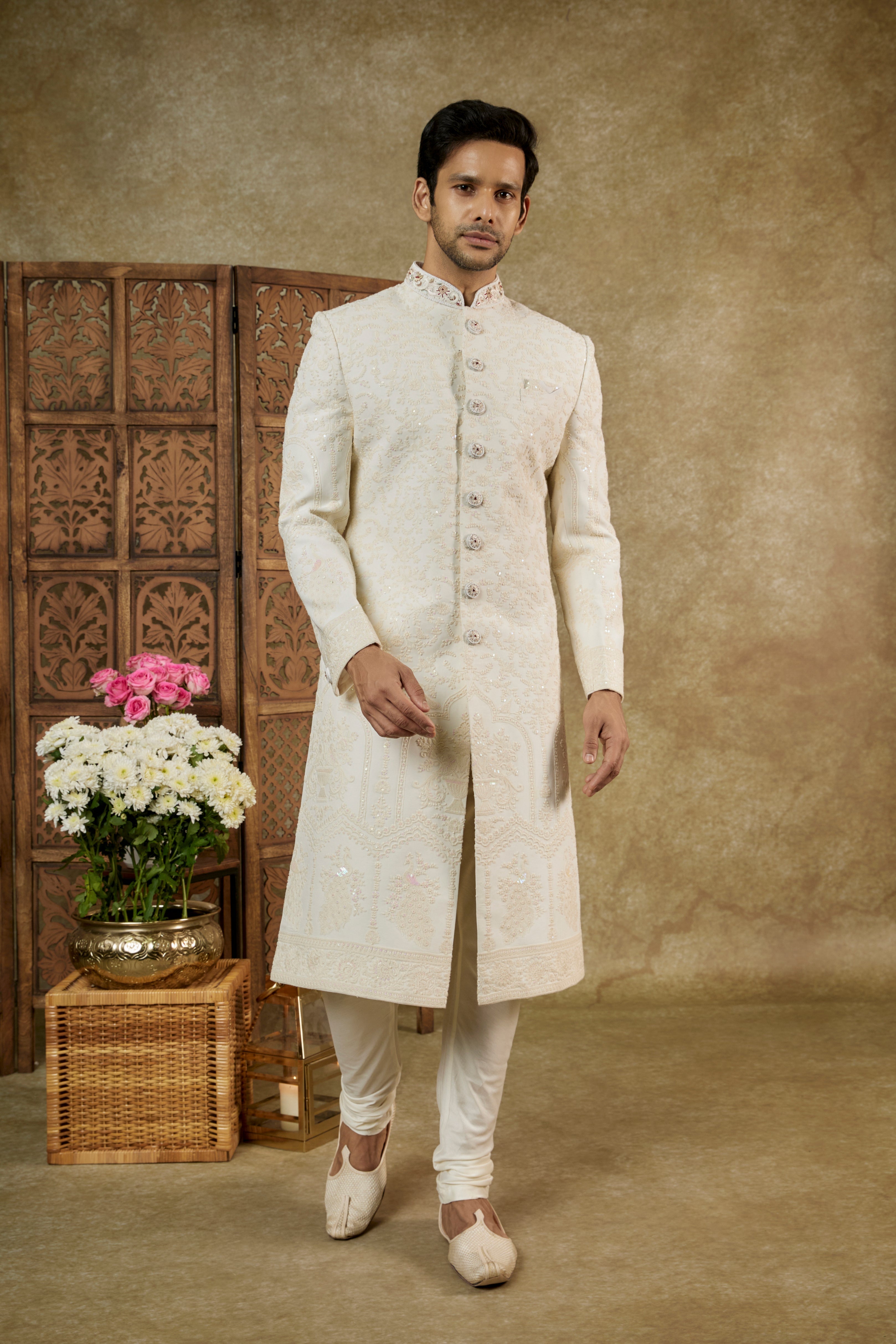 NUDE CREAM LUCKNOWI SEQUINNED SHERWANI SET