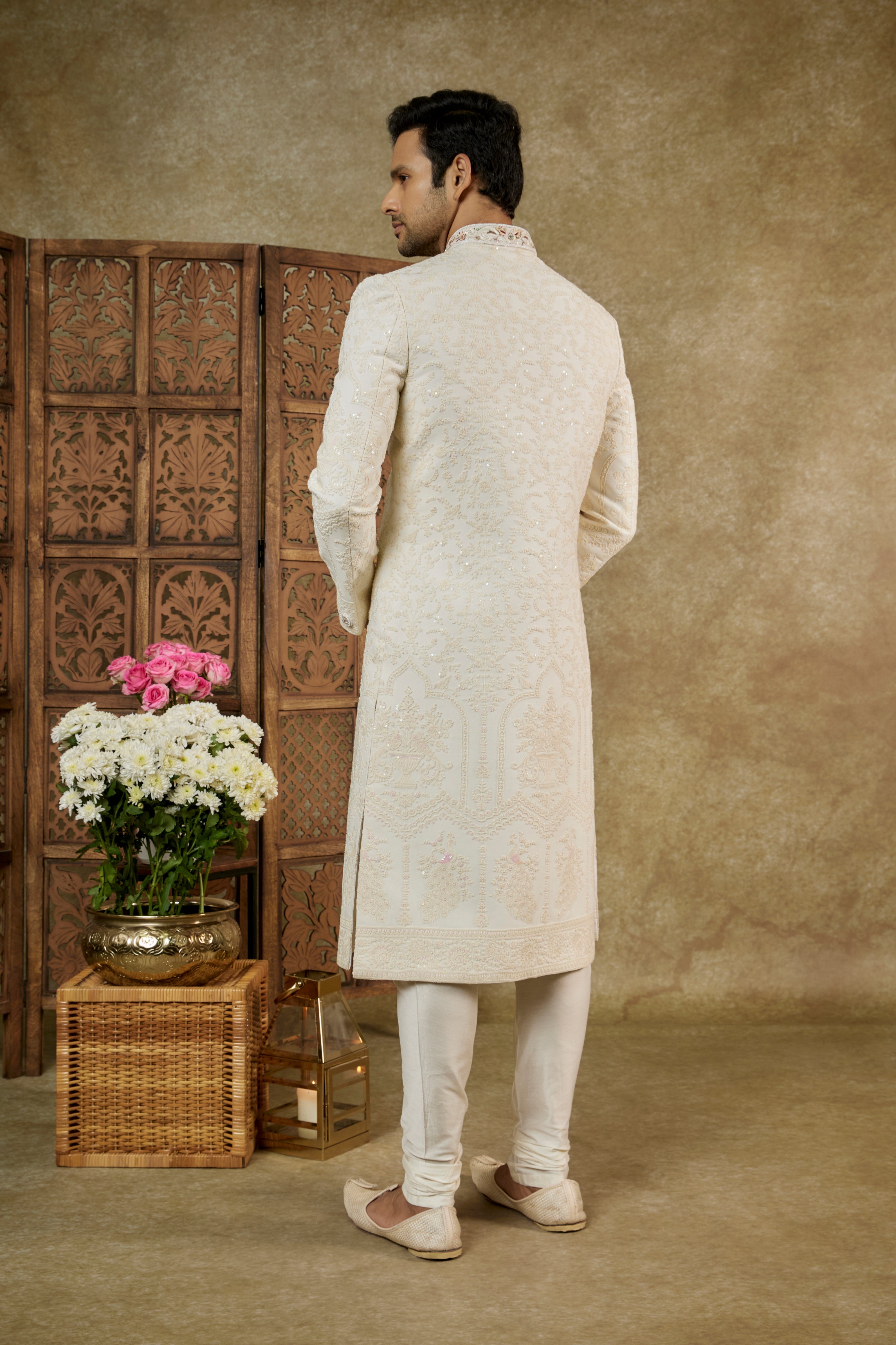 NUDE CREAM LUCKNOWI SEQUINNED SHERWANI SET