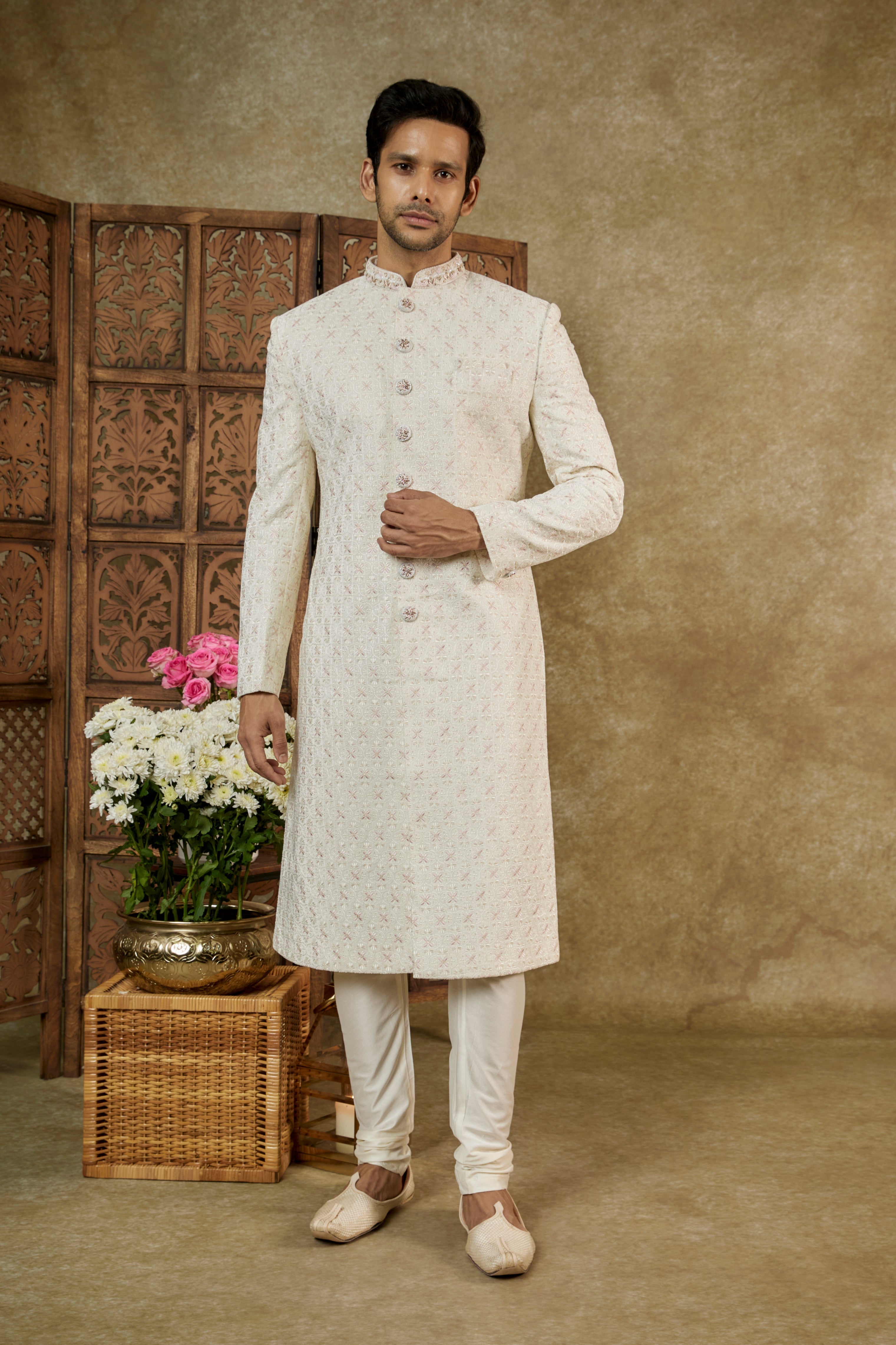 SEASHELL WHITE LUCKNOWI VELVET SHERWANI SET