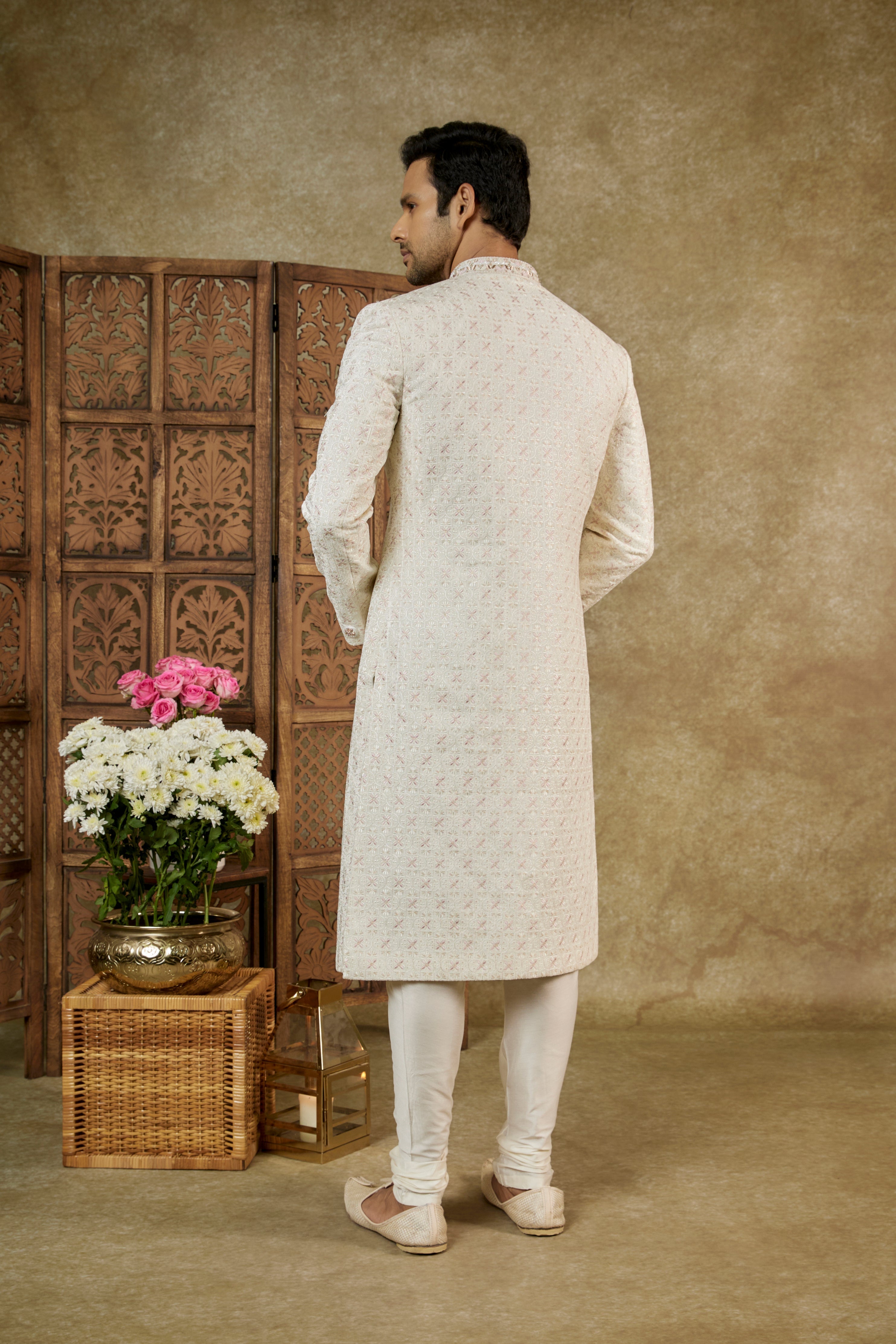 SEASHELL WHITE LUCKNOWI VELVET SHERWANI SET