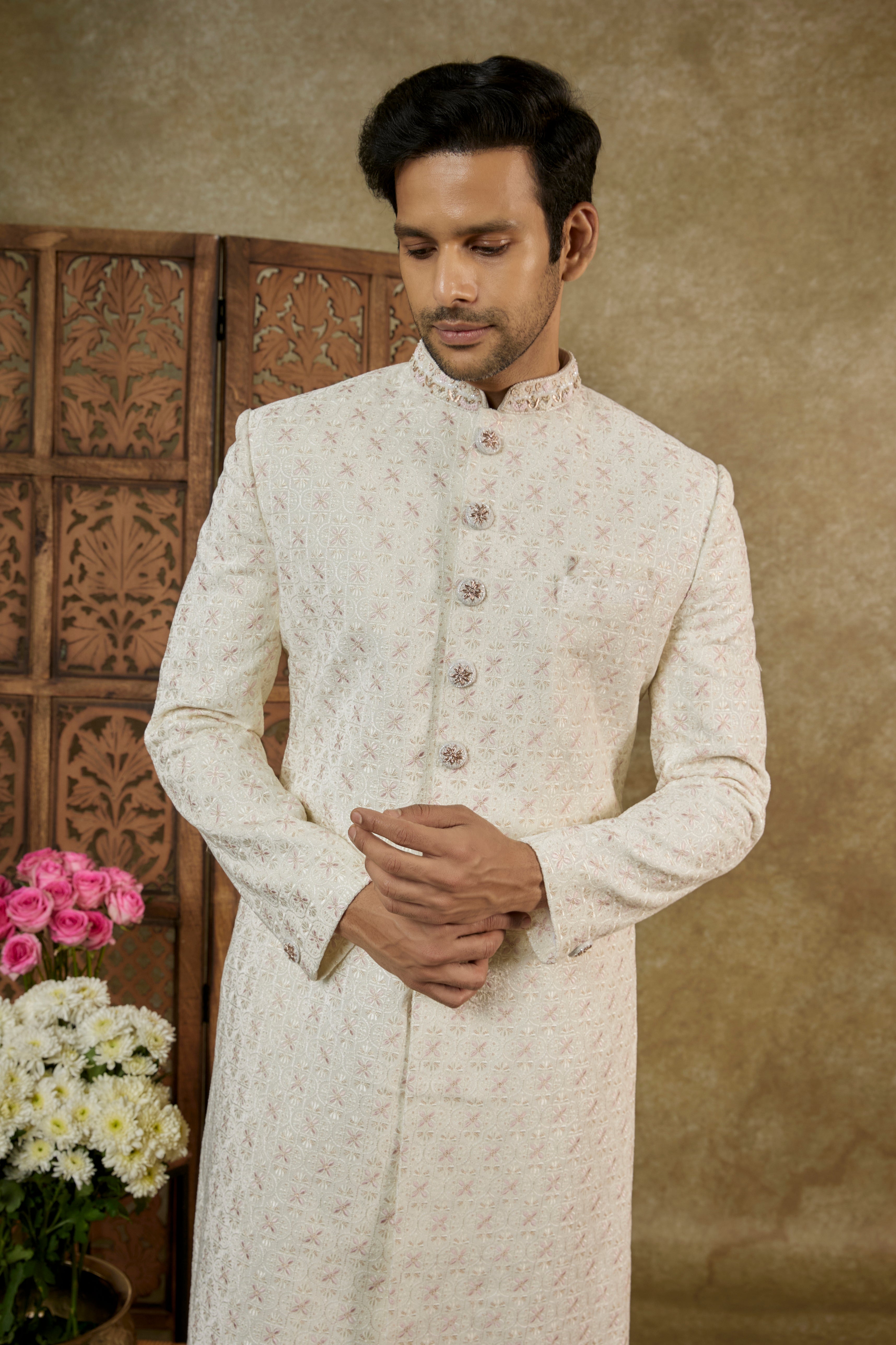 SEASHELL WHITE LUCKNOWI VELVET SHERWANI SET