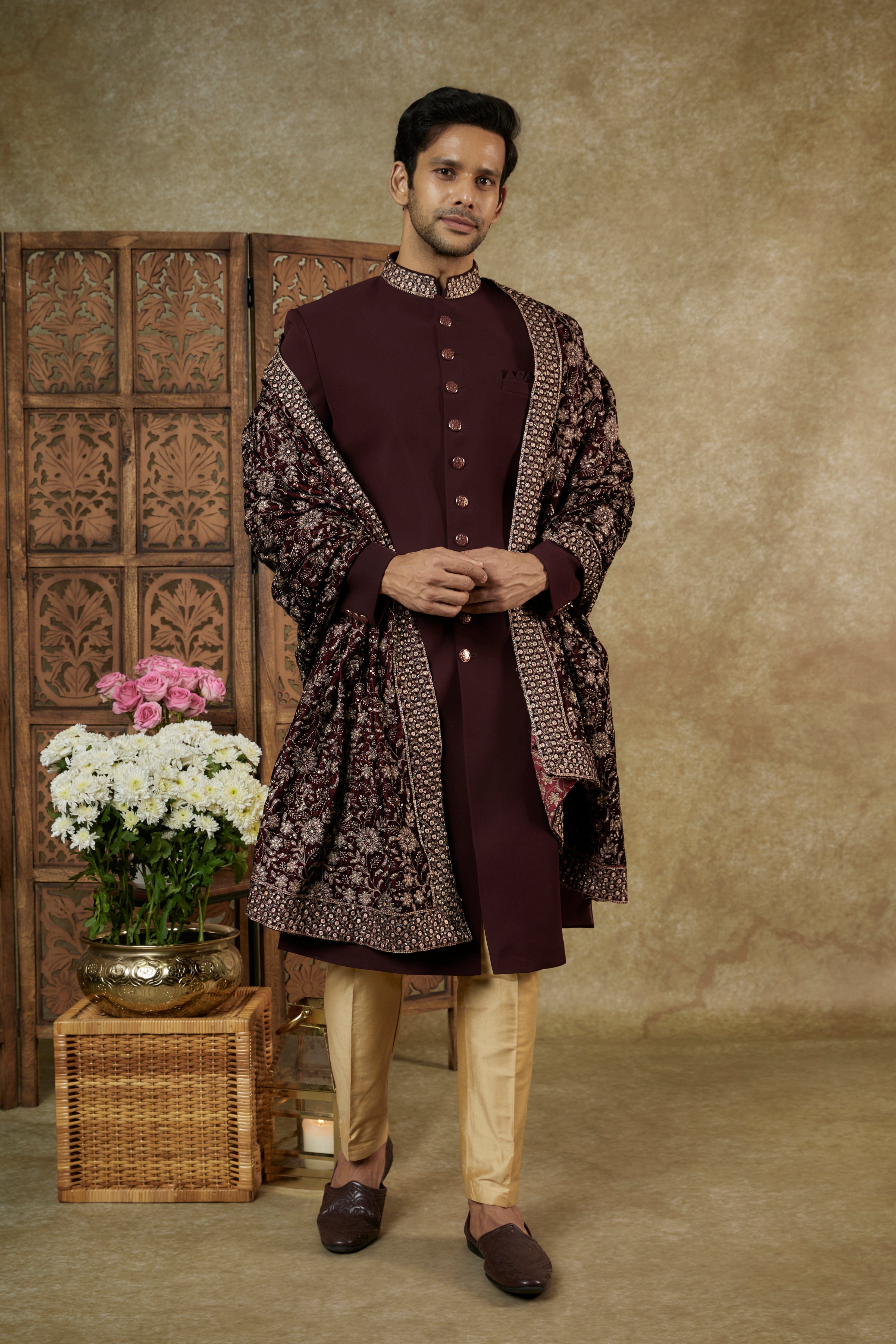 DEEP MAROON LUCKNOWI VELVET NAWABI SHERWANI SET