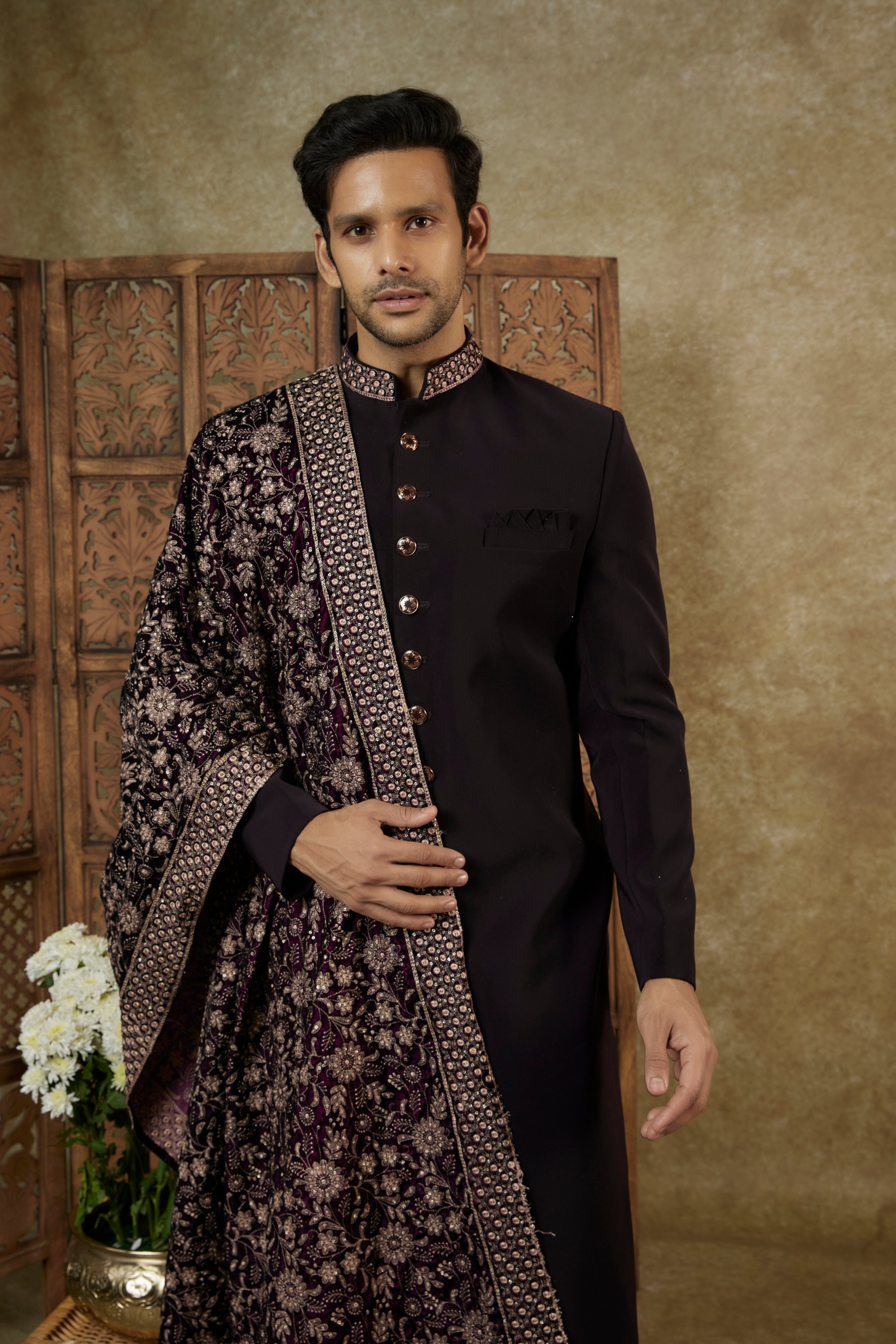 SANGRIA WINE LUCKNOWI VELVET NAWABI SHERWANI SET