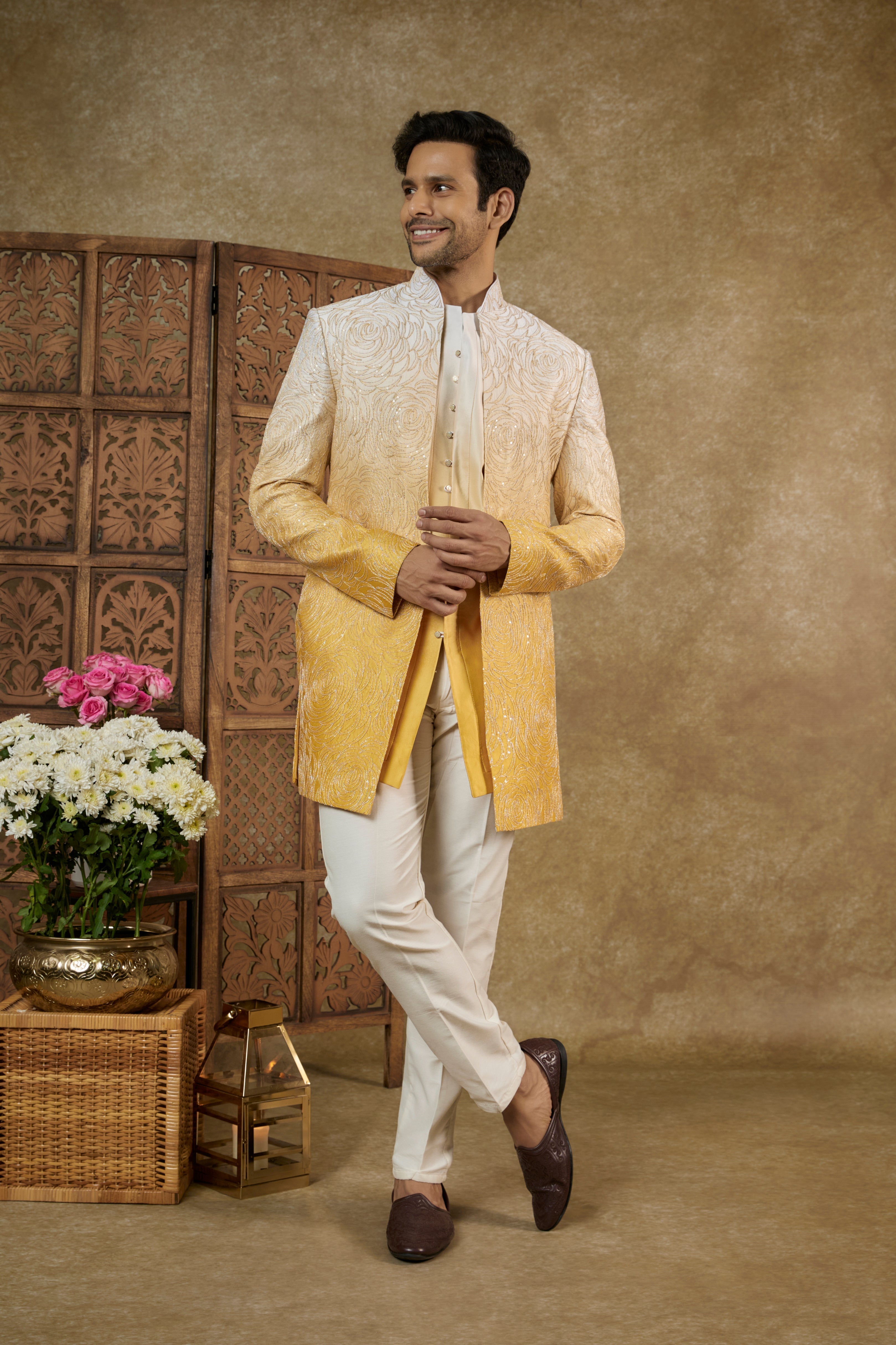 OMBRE CANARY YELLOW SHARTING SILK OPEN INDOWESTERN SET WITH DORI WORK