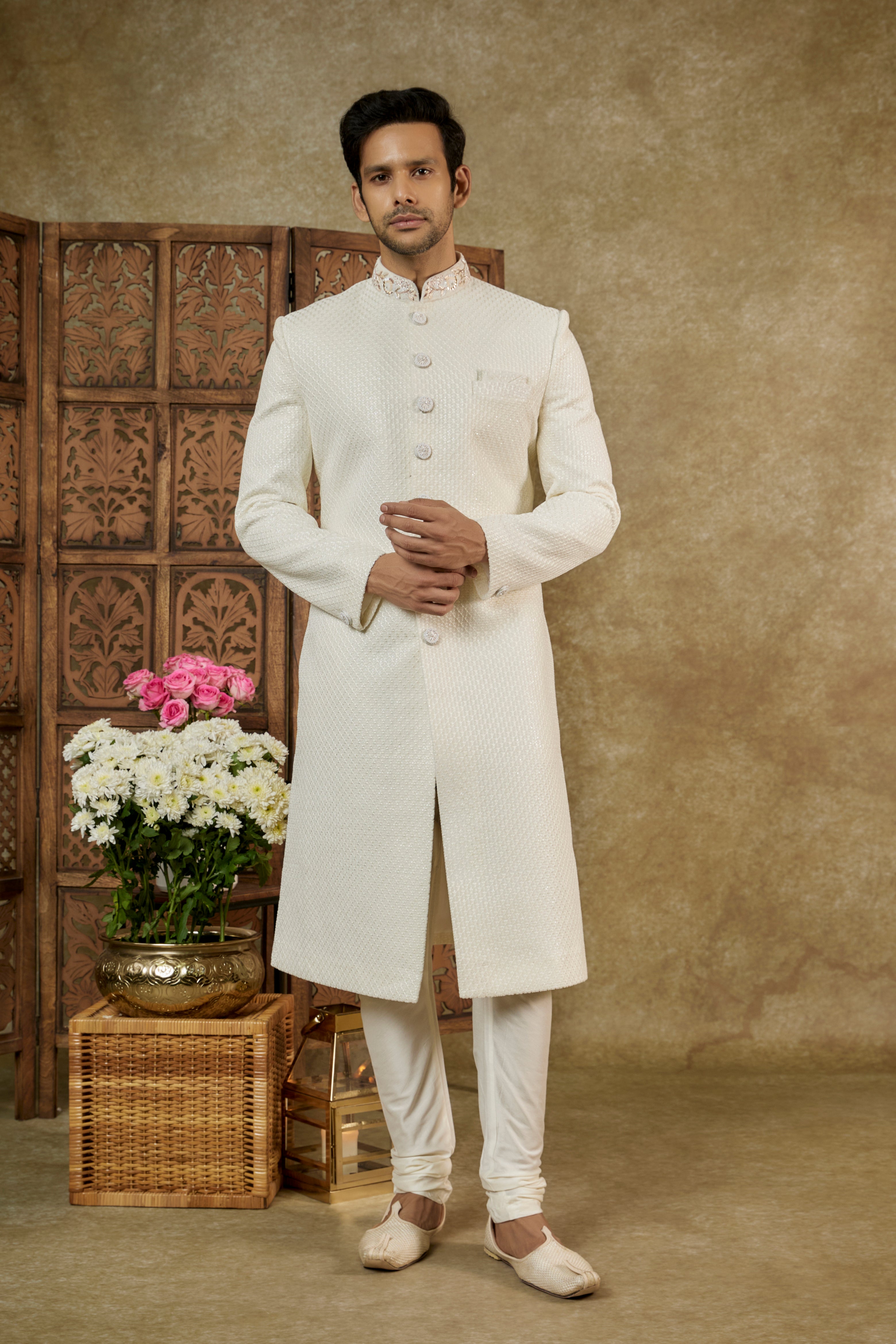 IVORY WHITE LUCKNOWI VELVET SHERWANI SET