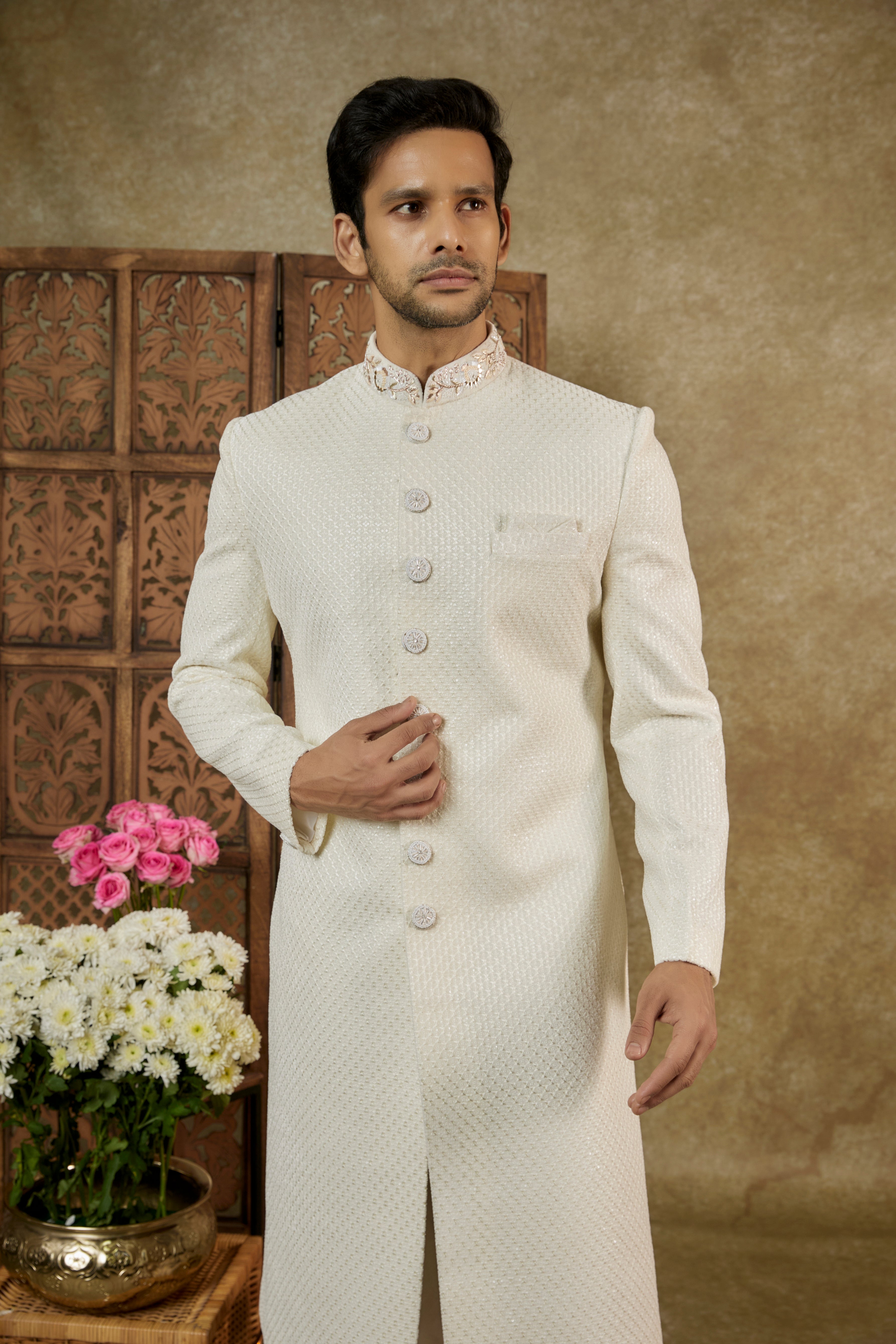 IVORY WHITE LUCKNOWI VELVET SHERWANI SET