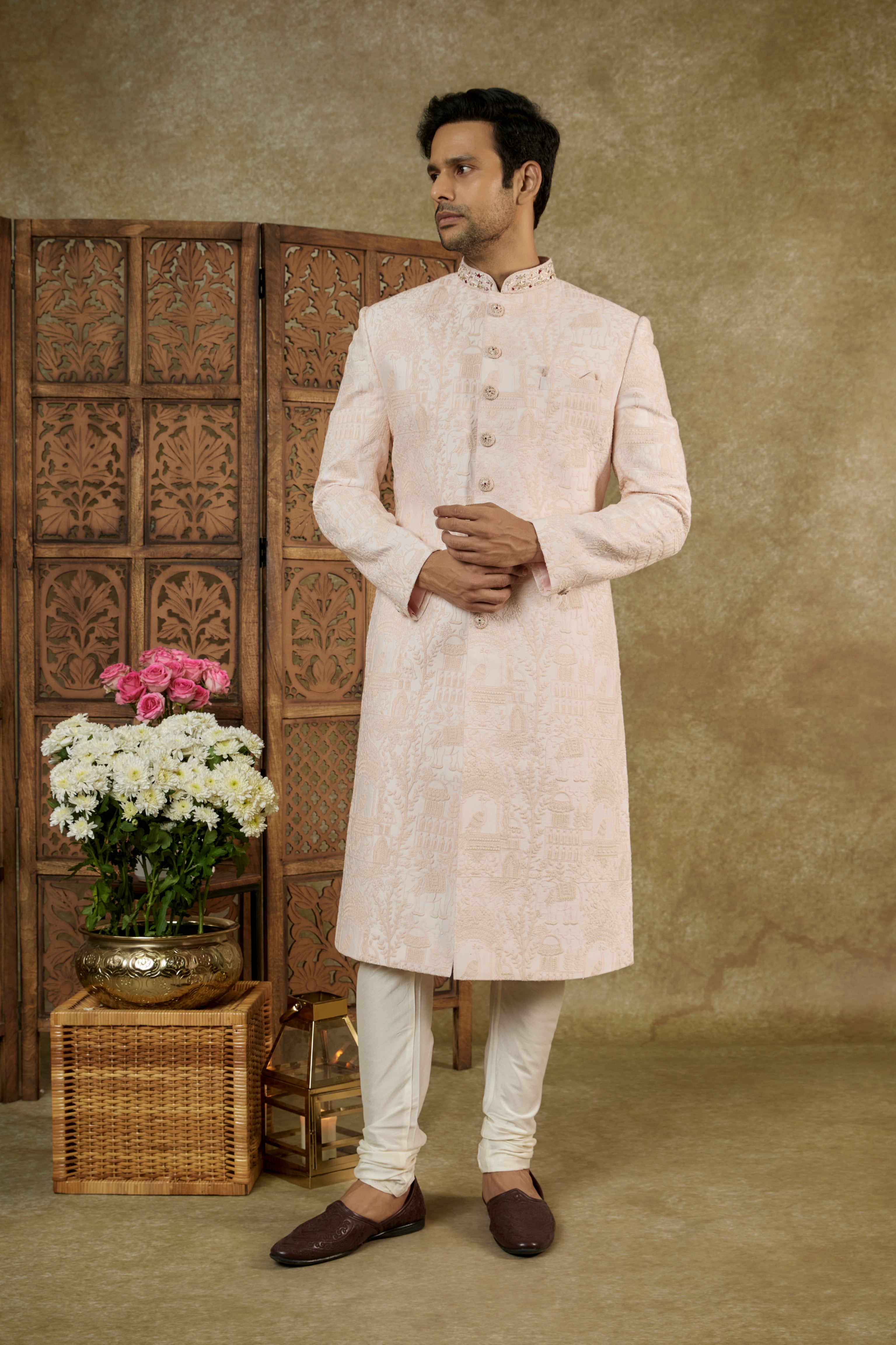 LIGHT PEACH LUCKNOWI SHERWANI SET