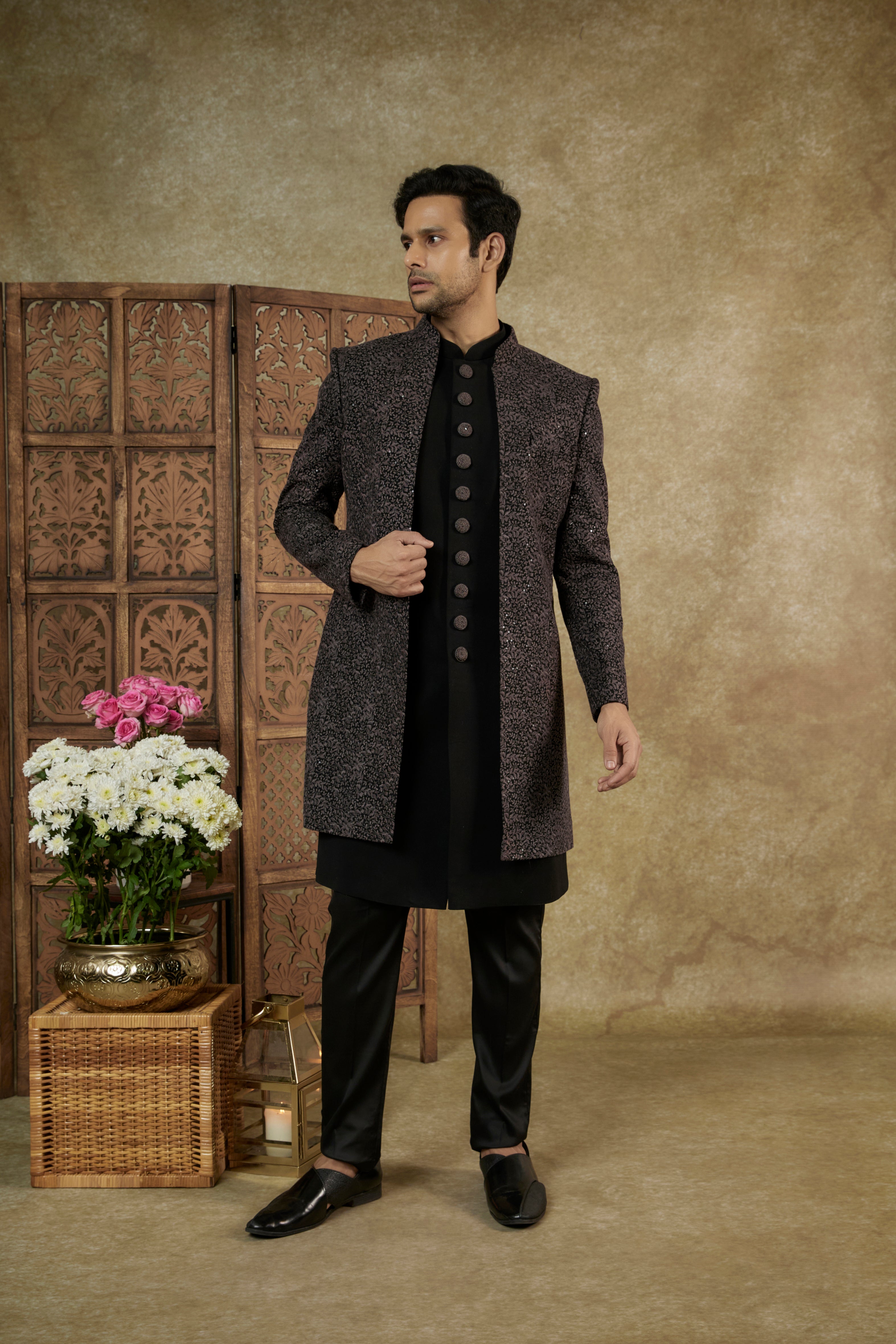 JADE BLACK RESHAM EMBROIDERED LUCKNOWI OPEN INDOWESTERN SET