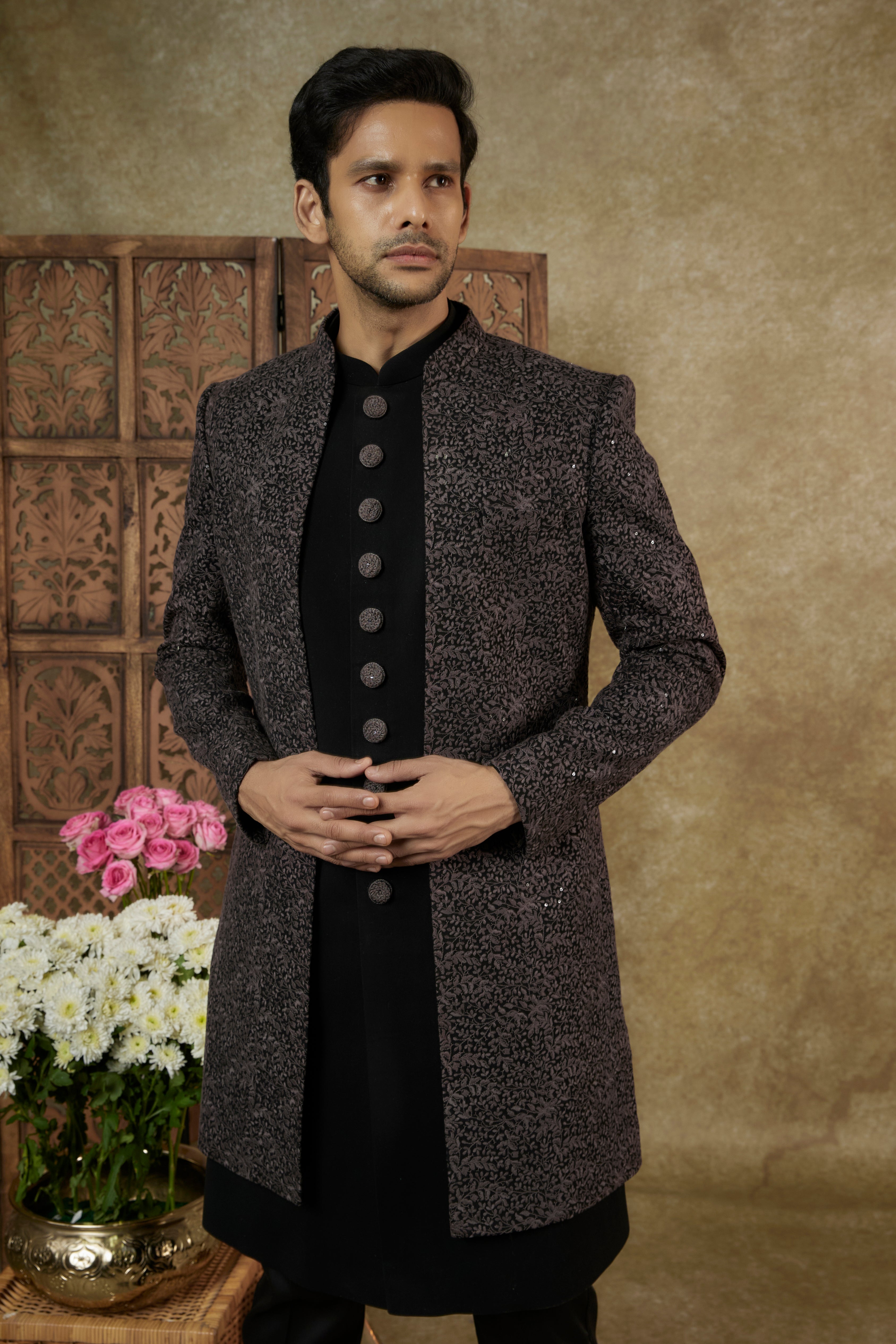 JADE BLACK RESHAM EMBROIDERED LUCKNOWI OPEN INDOWESTERN SET