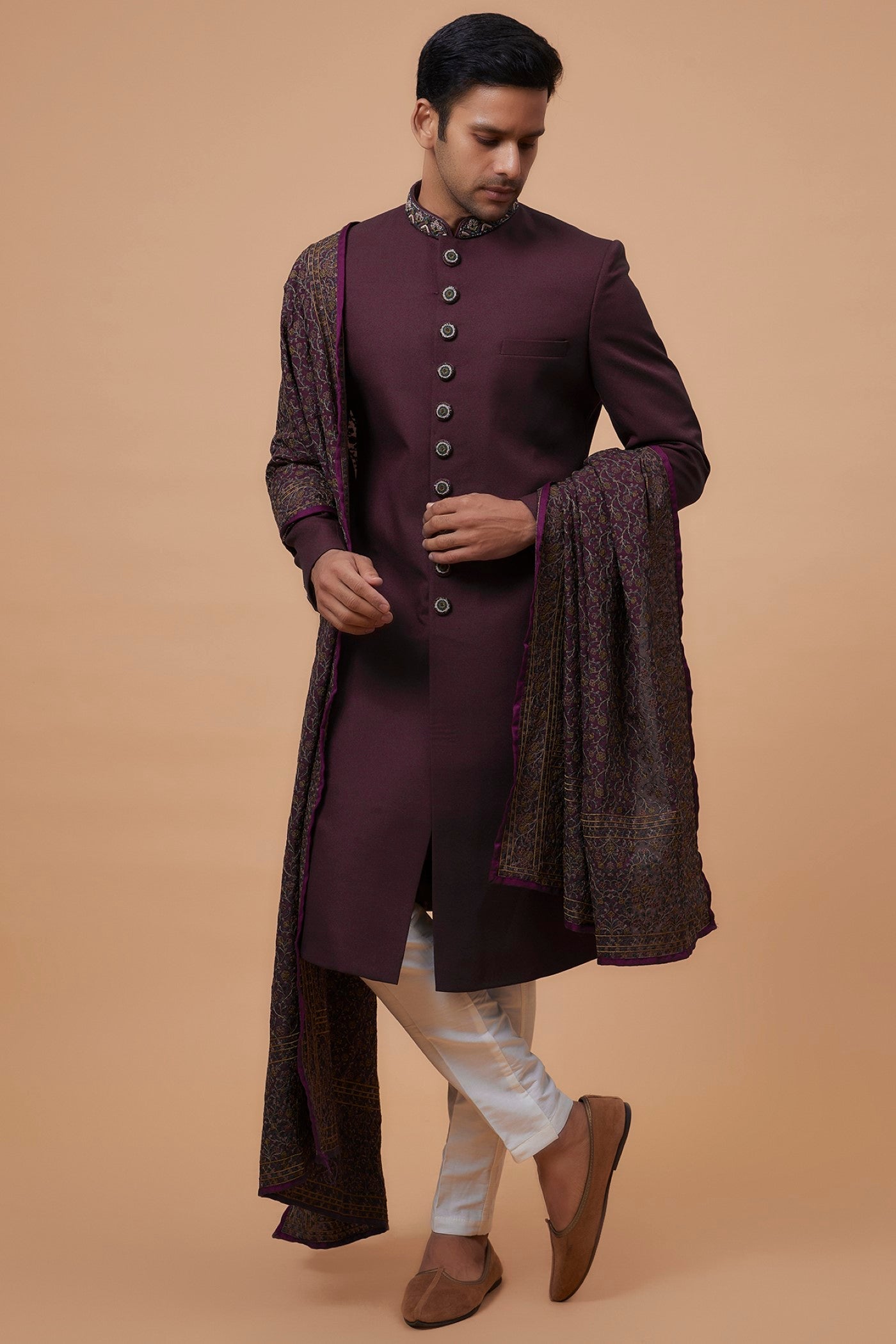 Wine Suiting Fabric Embroidered Indowestern Set