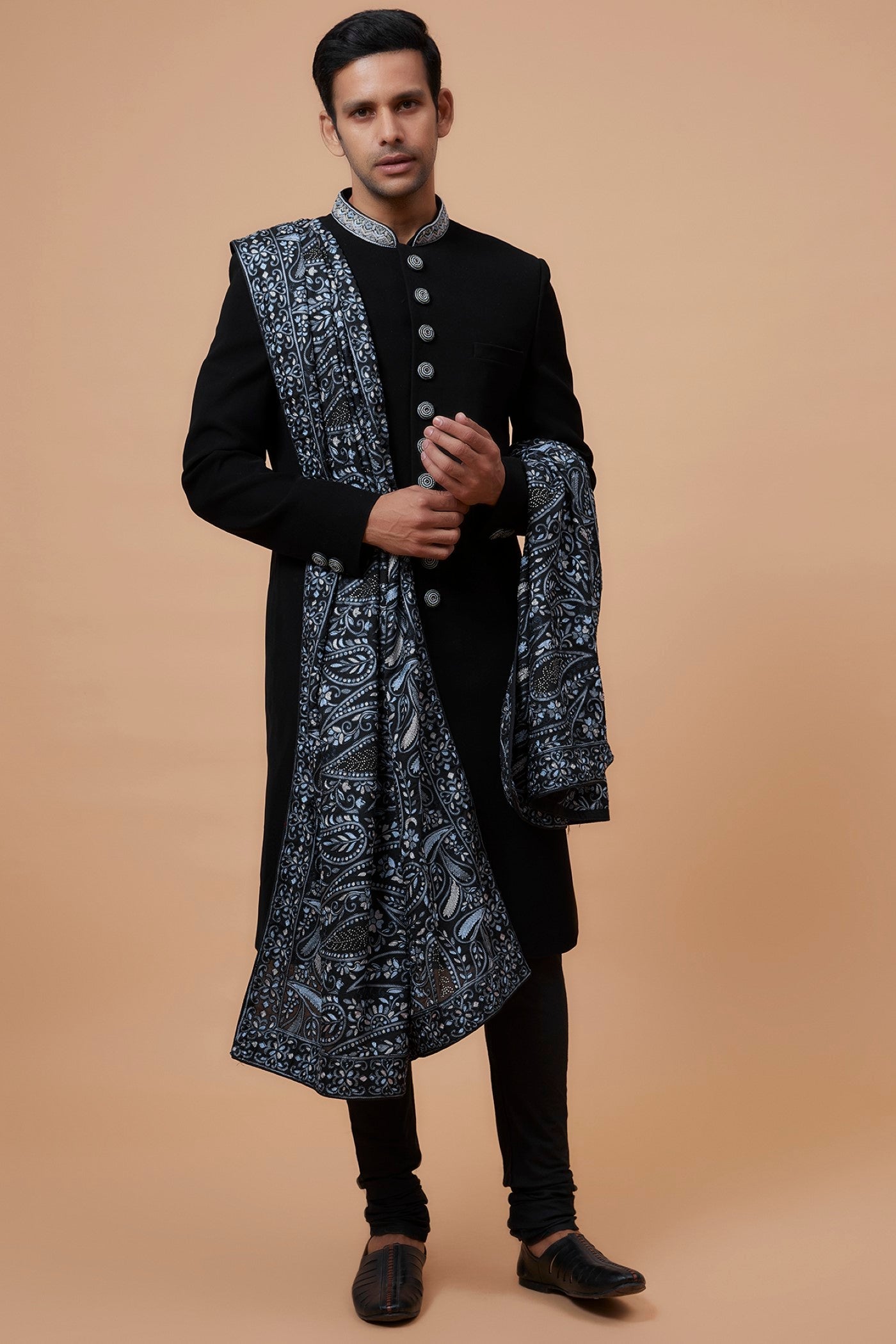 Black Suiting Fabric Embroidered Indowestern Set