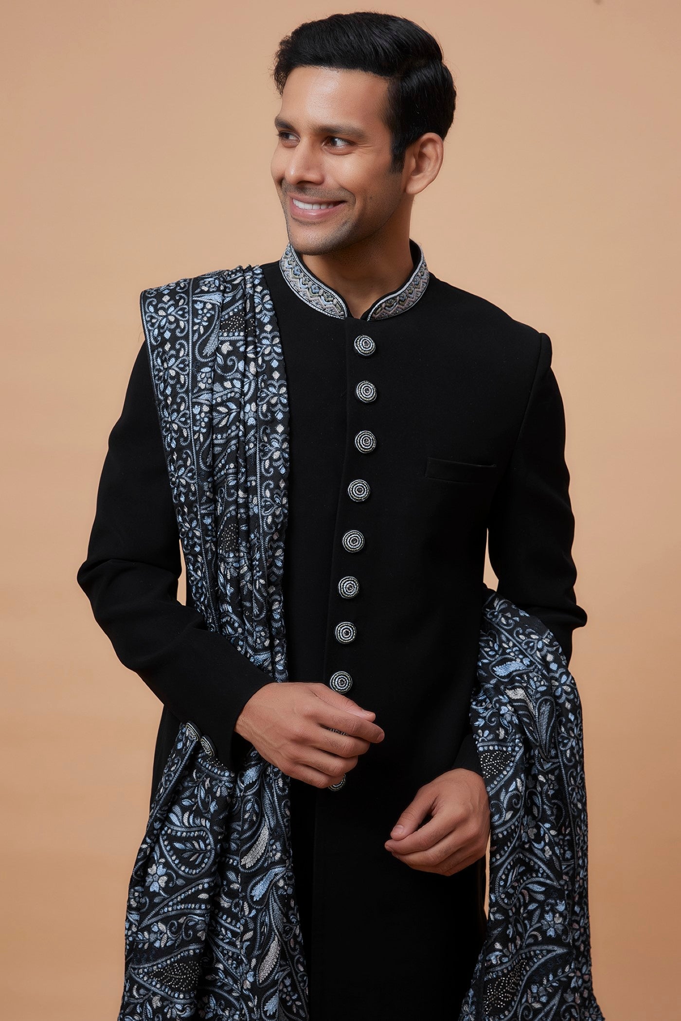 Black Suiting Fabric Embroidered Indowestern Set