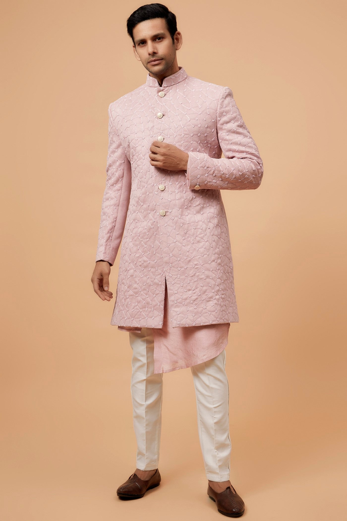 Peach Suede Velvet Embroidered Indowestern Set