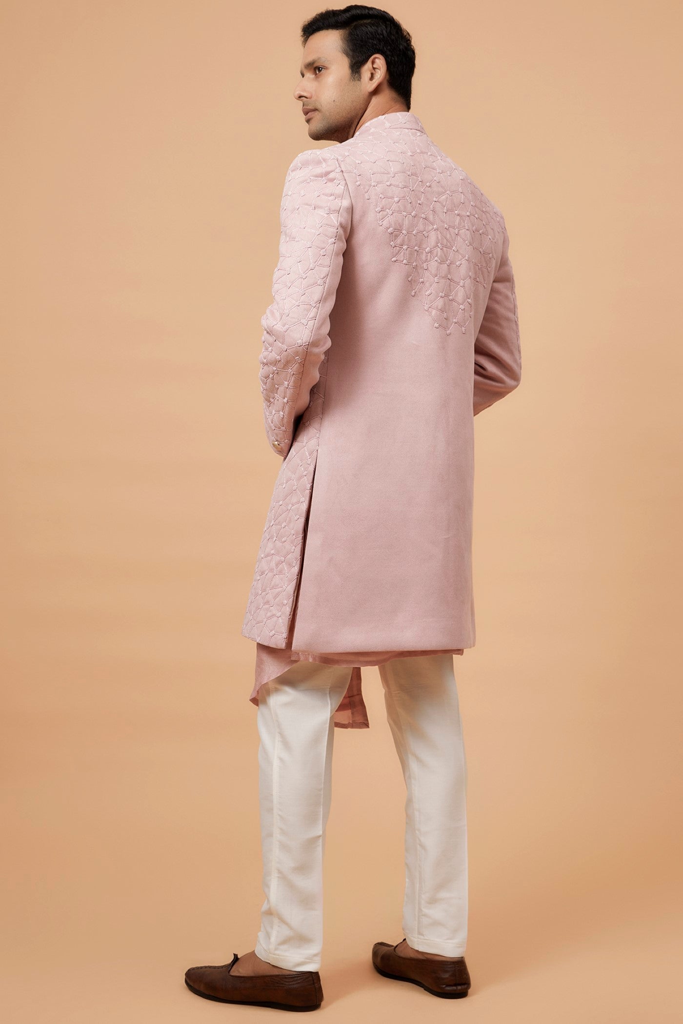 Peach Suede Velvet Embroidered Indowestern Set