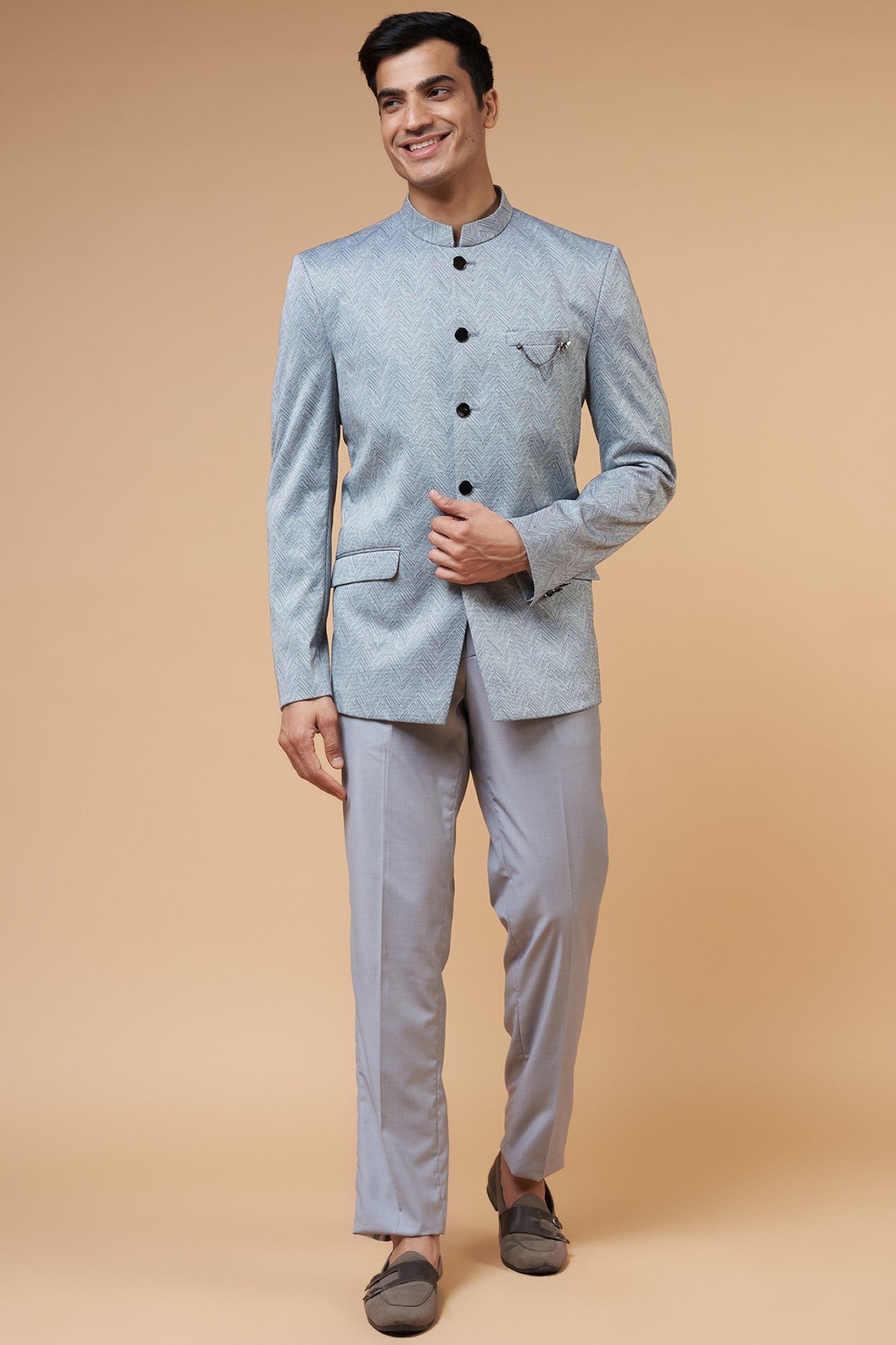 Grey Cotton Silk Blend Bandhgala Set
