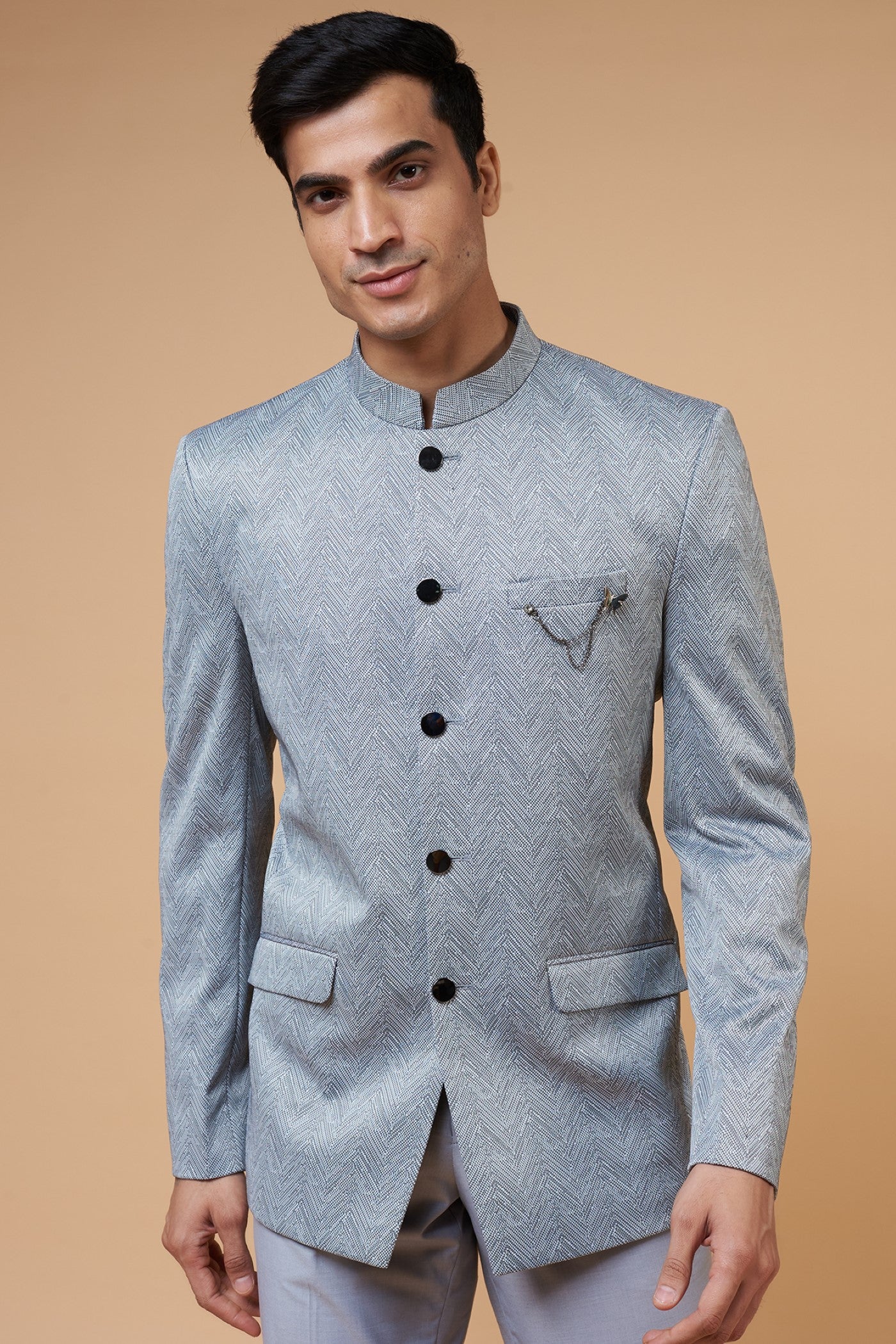 Grey Cotton Silk Blend Bandhgala Set