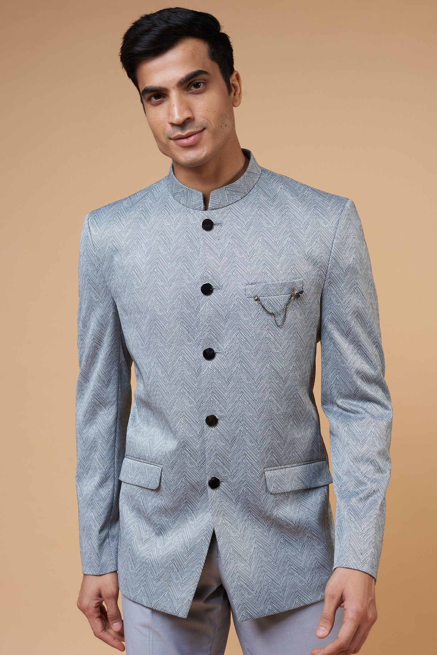 Grey Cotton Silk Blend Bandhgala Set