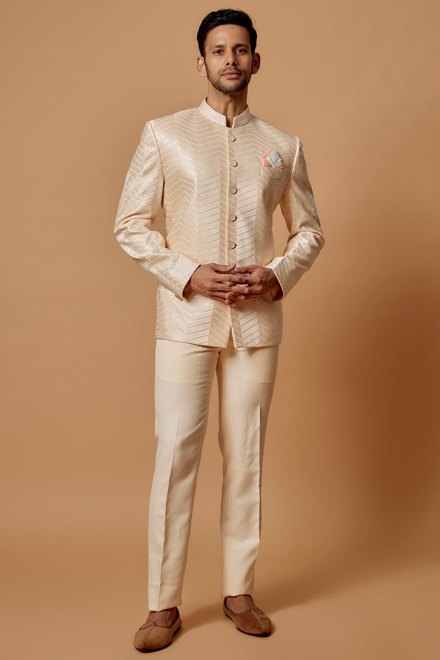 Cream Suiting Fabric Embroidered Jodhpuri Set