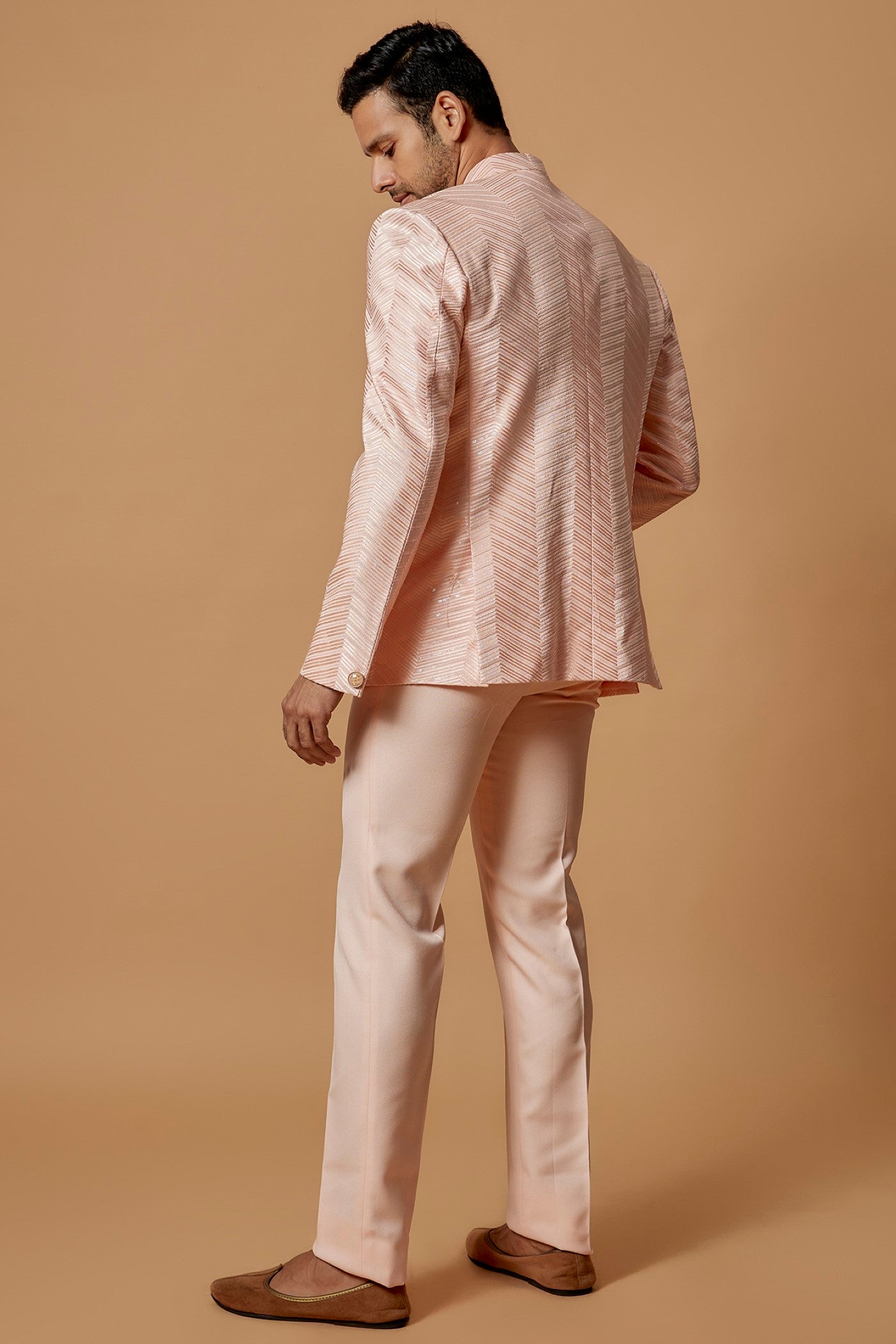 Peach Suiting Fabric Embroidered Jodhpuri Set